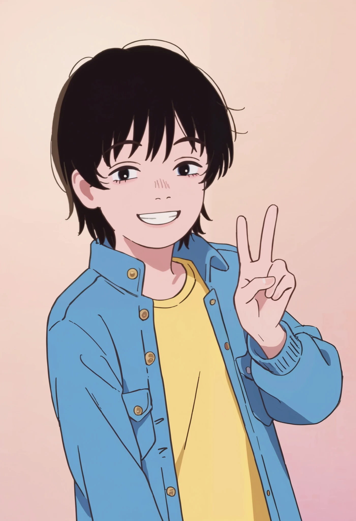  score_9_ up the side  score_8_ up the side  score_7_ up the side,  source_Anime,  1 girl,   black hair,  short hair, v, smile,  blue jacket ,   yellow shirt
