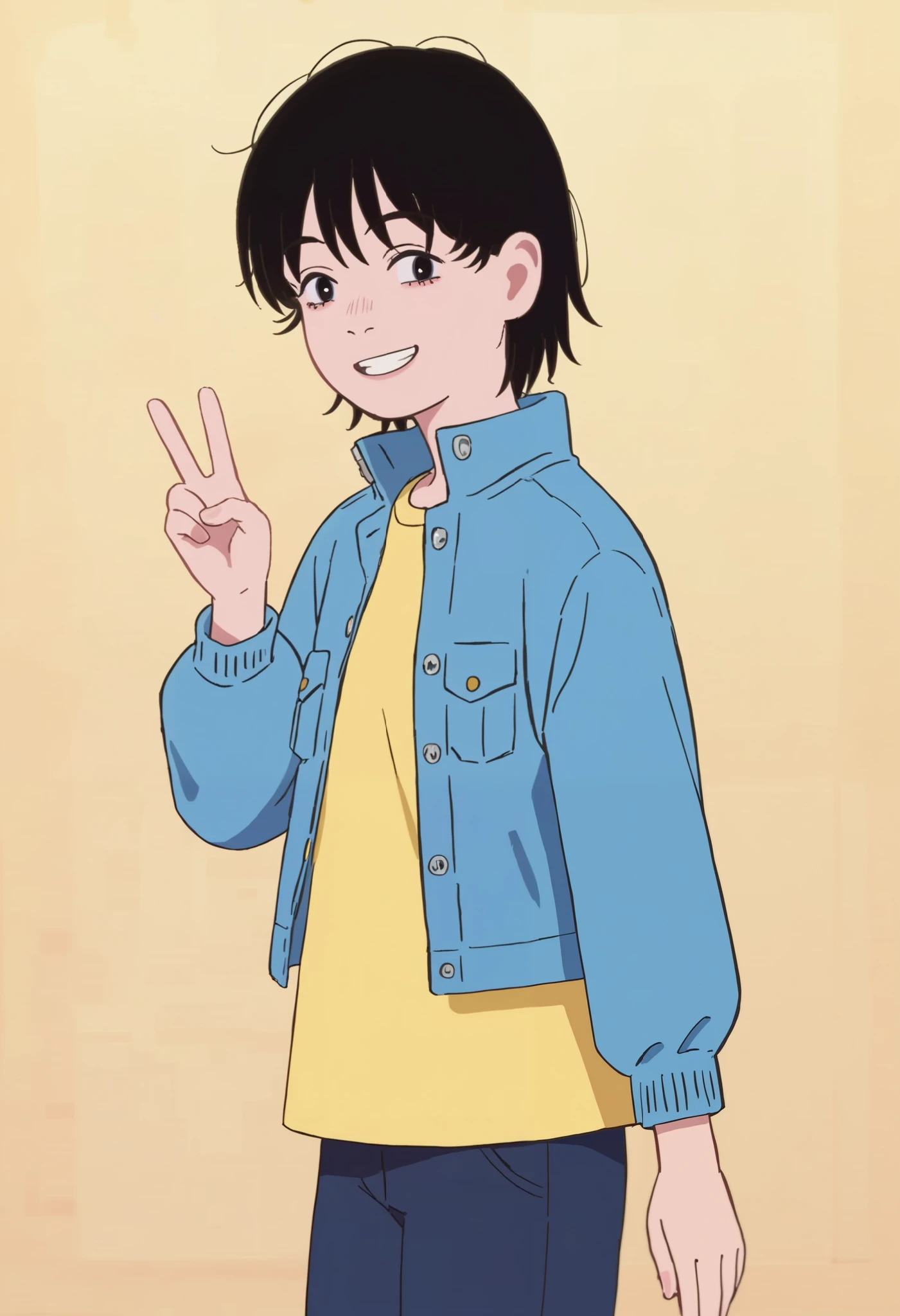  score_9_ up the side  score_8_ up the side  score_7_ up the side,  source_Anime,  1 girl,   black hair,  short hair, v, smile,  blue jacket ,   yellow shirt
