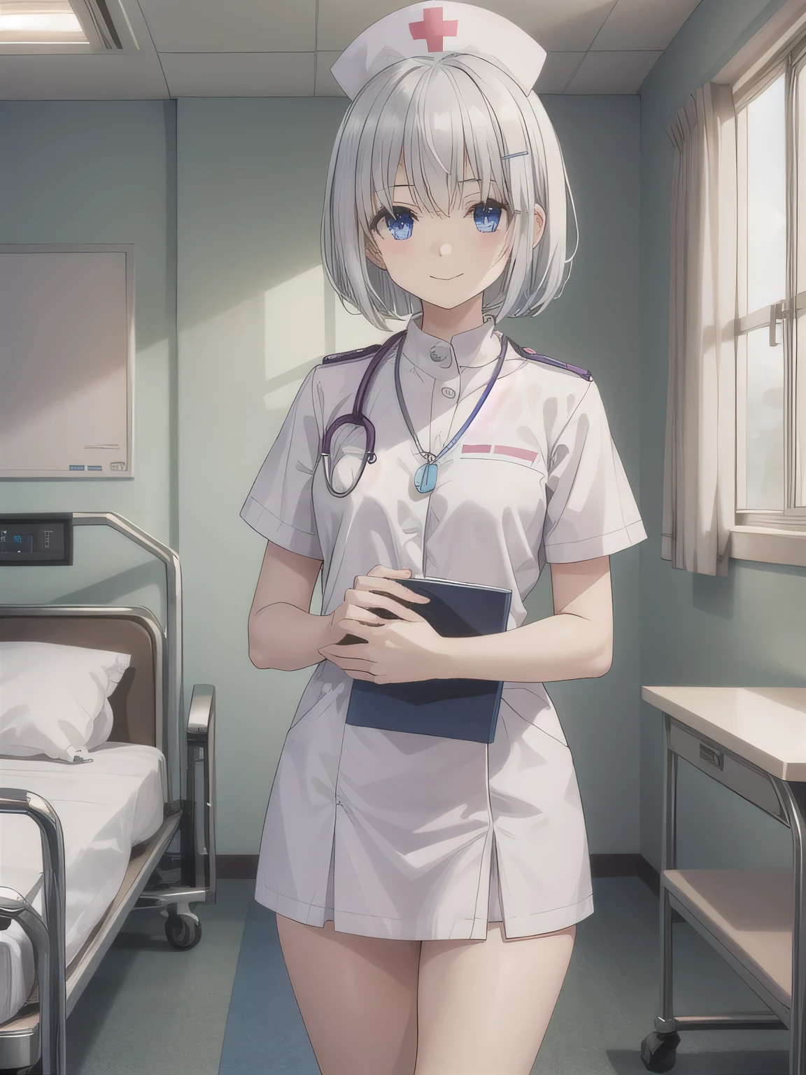 Depict a 20-year-old, very beautiful woman in a hospital room. She is wearing a nurse cap and a mini-skirt style white uniform. Her expression is shy, and she is smiling gently. The setting includes medical equipment and furnishings typical of a hospital room, with soft lighting to create a warm and welcoming atmosphere. short hair, blue eyes, hair ornament, Gray Hair, hair clip, necklace.