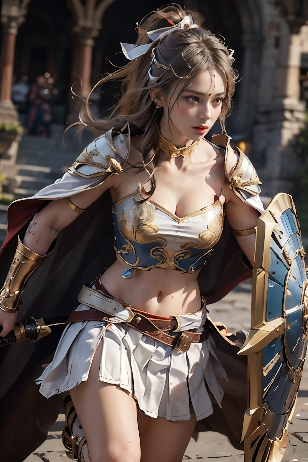 (( photography)),(( highest resolution)),(( top quality,8k)), (( Masterpiece)), ( Details),( knee up :1.4) ,(Medieval fantasy arena:1.4),Photographically, HIGH DEFINITION, Young Goddess, Detailsな美しい顔,( beautiful contrasting eyes ),(( straight hair:1.5)),( pleated skirt, white cloak:1.5), hair ornament,(( richly decorated armor with ribbons :1.5)),Countless Stars,(clavicle,navel,Thighs, waist:1.6),((action:1.6)),((Weapons and shields:1.5))