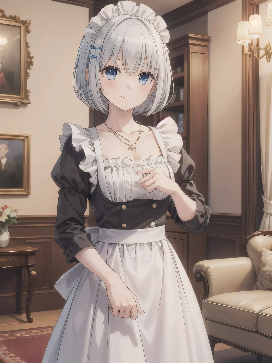 Depict a 20-year-old, very beautiful woman in a luxurious mansion room. She is dressed in a classic black-and-white maid outfit with a short hem and wearing a white brim cap. Her expression is confident, and she is smiling warmly. The setting includes elegant furnishings and decor typical of a grand estate, with soft, natural lighting to enhance the sophisticated atmosphere. short hair, blue eyes, hair ornament, Gray Hair, hair clip, necklace.