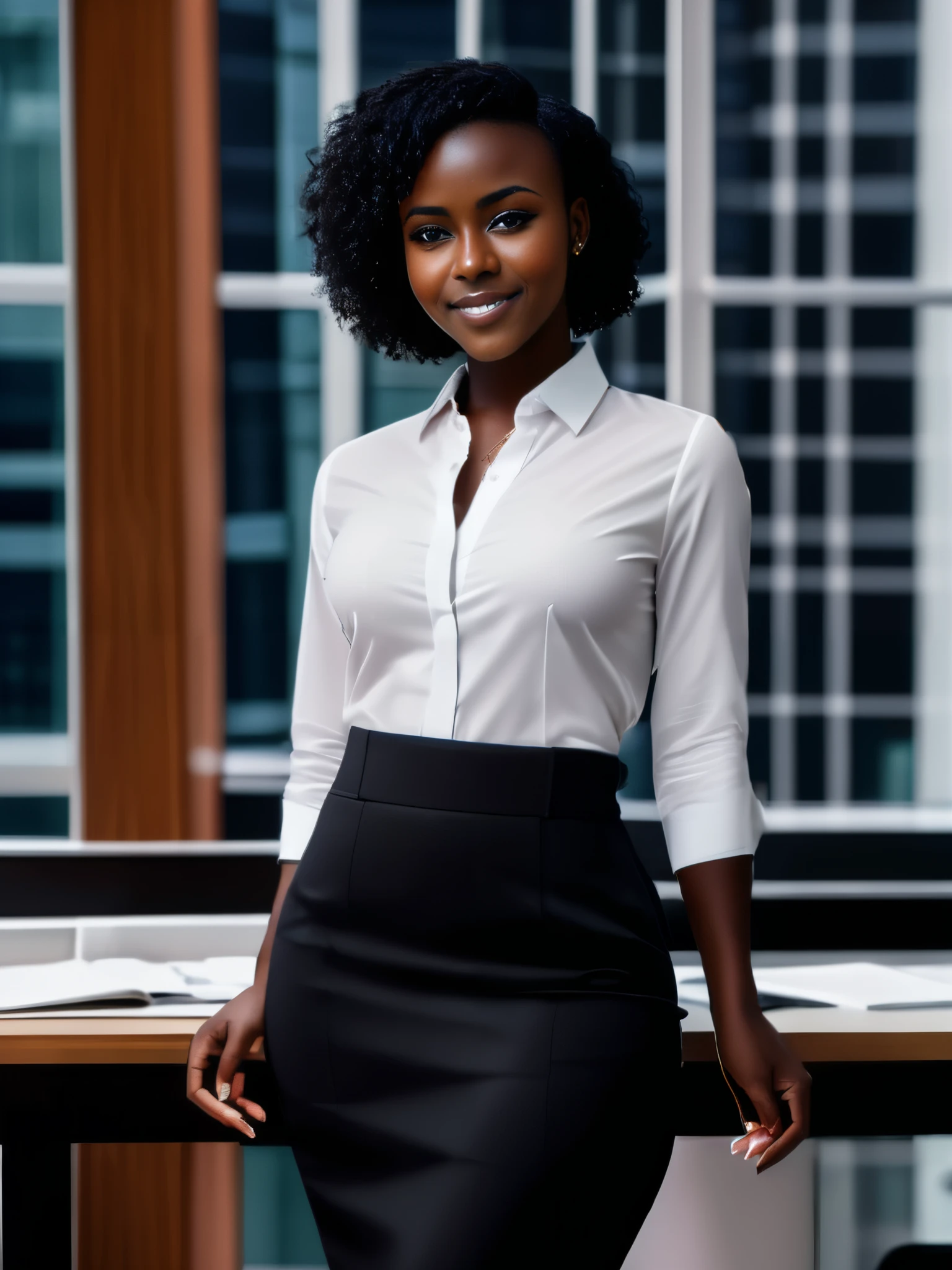 (masterpiece,best quality, ultra realistic, RAW photo), extreme photo of young xlsanaa woman, black skirt, white shirt, dark skin, black frizzy undercut hair, shaved side of head, smiling, looking at viewer, office, desk, realistic, sharp focus, 8 k high definition, insanely detailed, intricate, elegant, closed mouth