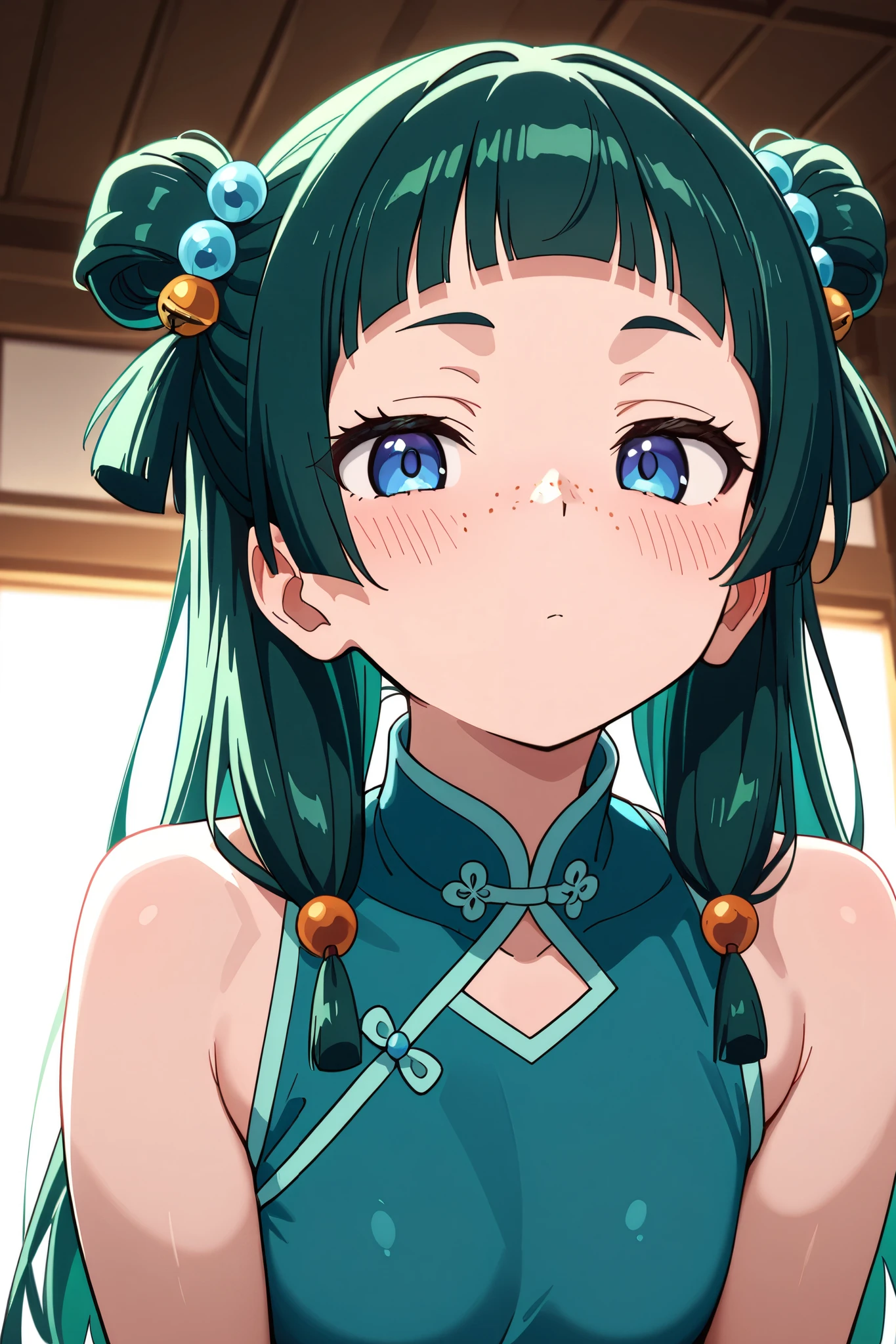 NSFW, Masterpiece, top quality, high resolution, very detailed,maomao、 long hair、bangs、 blue eyes、 hair ornament、 green hair、鈍いbangs、Freckles、 bun hair、 single bun