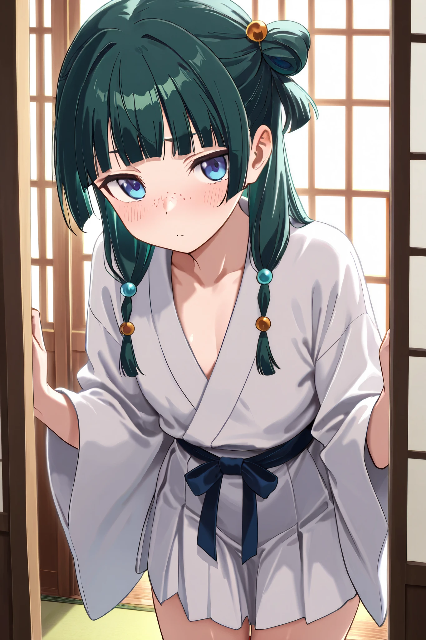 NSFW, Masterpiece, top quality, high resolution, very detailed,maomao、 long hair、bangs、 blue eyes、 hair ornament、 green hair、鈍いbangs、Freckles、 bun hair、 single bun, kimono、Robe、緑のRobe、 Long Sleeve、Wide sleeve、 skirt、赤い skirt