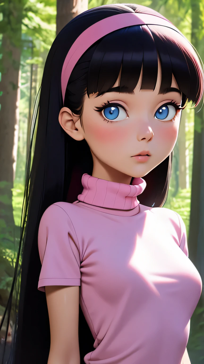 masterpiece, best quality, portrait,1girl, solo, realistic, forest, trixie tang, pink headband, long hair, black hair, white panties, (pink turtleneck), blue eyes, pink eyeshadow, smooth hair, pupils, flat chest, High Resolution, Best Quality, Detail, High Details, Super Detailed,