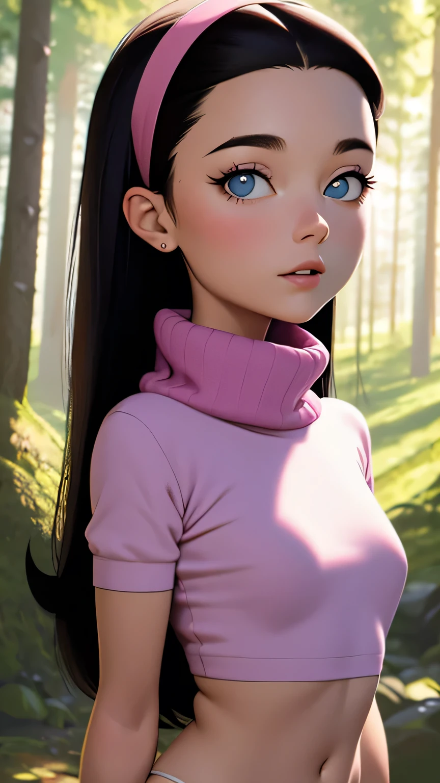 masterpiece, best quality, portrait,1girl, solo, realistic, forest,  trixie tang,  pink headband, long hair, black hair, white panties, (pink turtleneck), blue eyes, pink eyeshadow, smooth hair, pupils, flat chest, High Resolution, Best Quality, Detail, High Details, Super Detailed, 