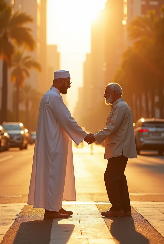 A realistic image of a modern. A Muslim praying man and a poor old man asking him to pray