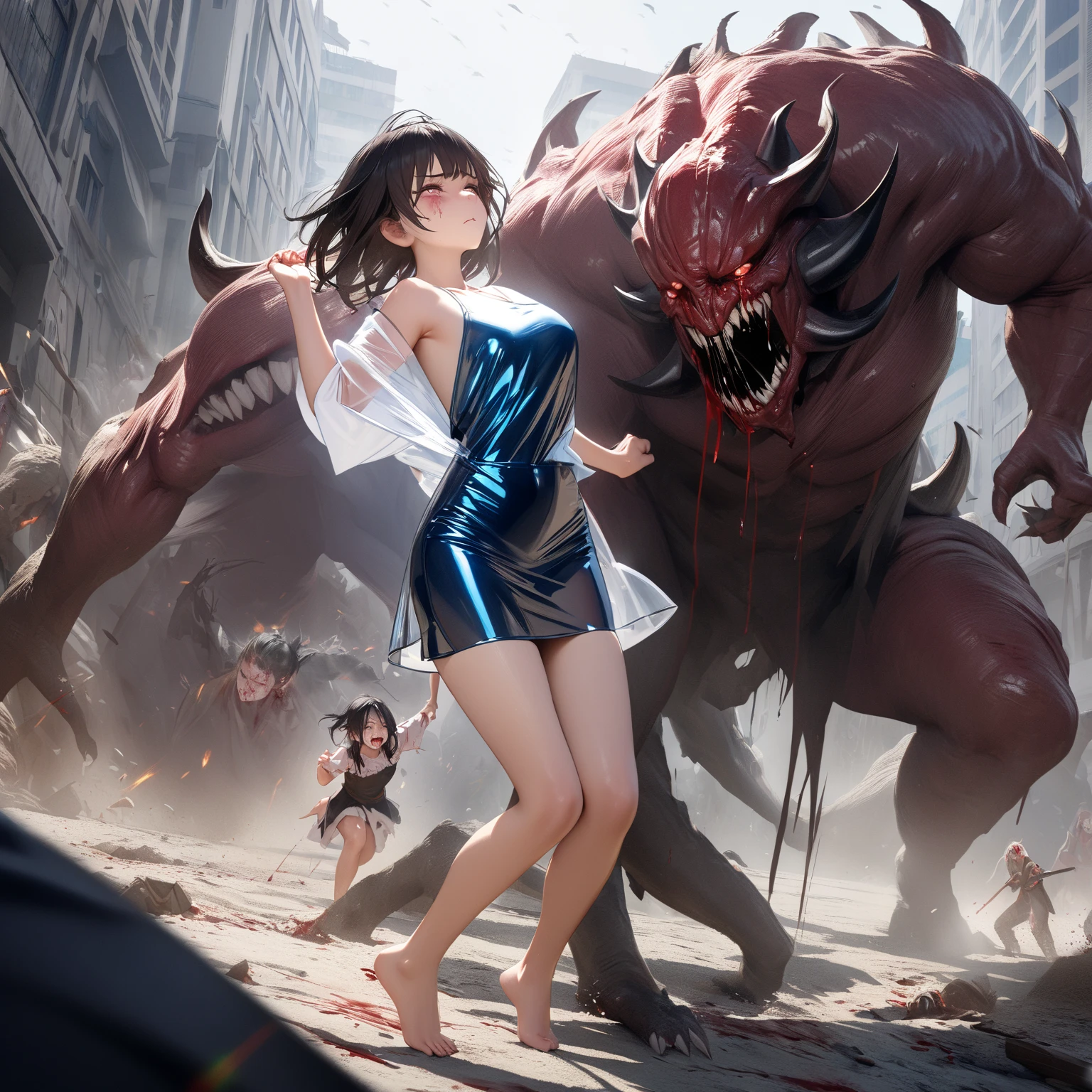 beautiful girl fighting with massive monster, she wear white shirt and black pants, korean girl, lower belly, perfect body, scary monster, crowd of monsters, surrounded by monsters, bloody, from behind,