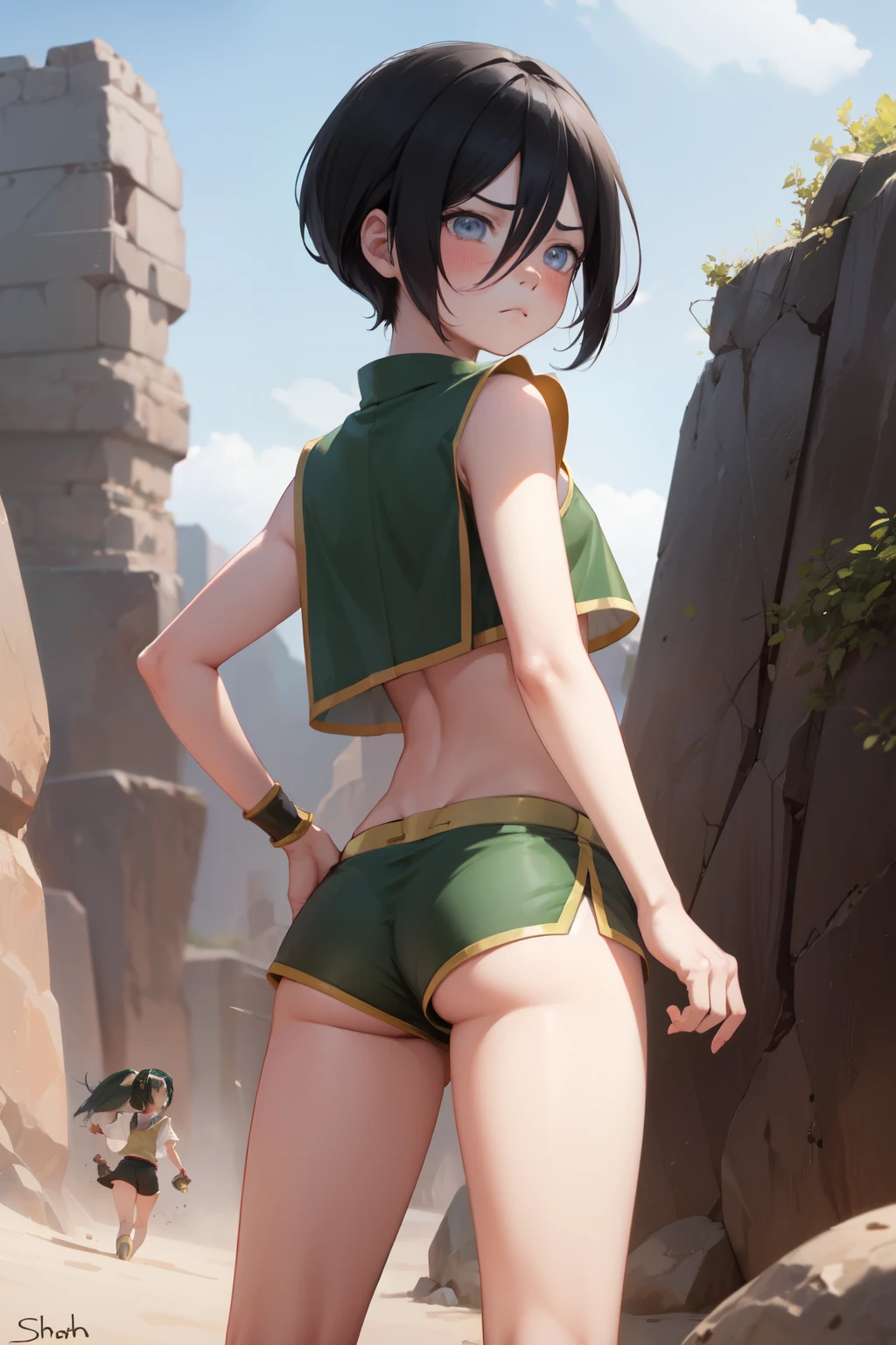 Anime style, 1 girl ,small height ,toph beifong, young girl , shi body ,solo , black hair , flat chest , disappointed face ,angry , blush, sexy micro shorts , Back , small ass , micro-shorts shorts , rocks Background , desert , night