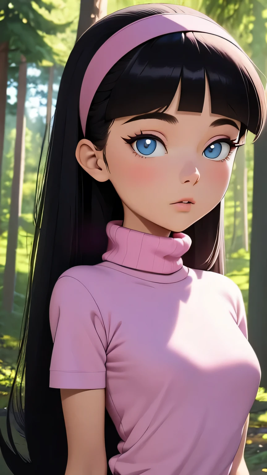 masterpiece, best quality, portrait,1girl, solo, realistic, forest, trixie tang, pink headband, long hair, black hair, white panties, (pink turtleneck), blue eyes, pink eyeshadow, smooth hair, pupils, flat chest, High Resolution, Best Quality, Detail, High Details, Super Detailed,