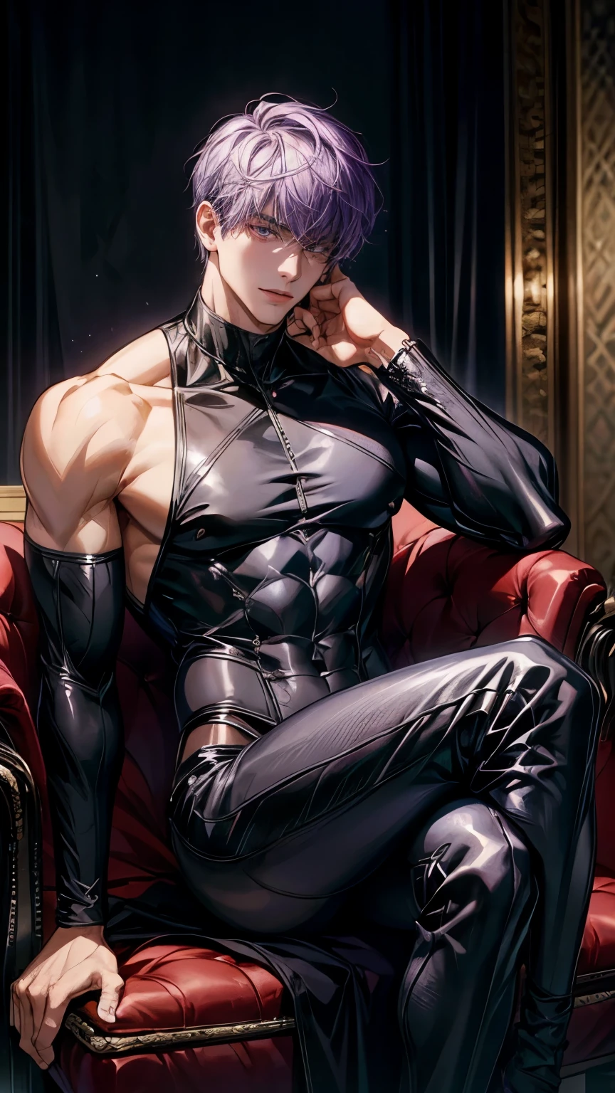 (One beautiful handsome man), (purple short hair), bangs, Beautiful double eyelids, pointy nose, glowing skin, muscle, men's black rubber sexy suits, bulge between the legs, strong body, lascivious smile, Sit with your knees up, bsdm-room, Luxurious, Digital painting, 16K, Best quality, masterpiece, ultra-detailed, medium shot, anatomically correct
