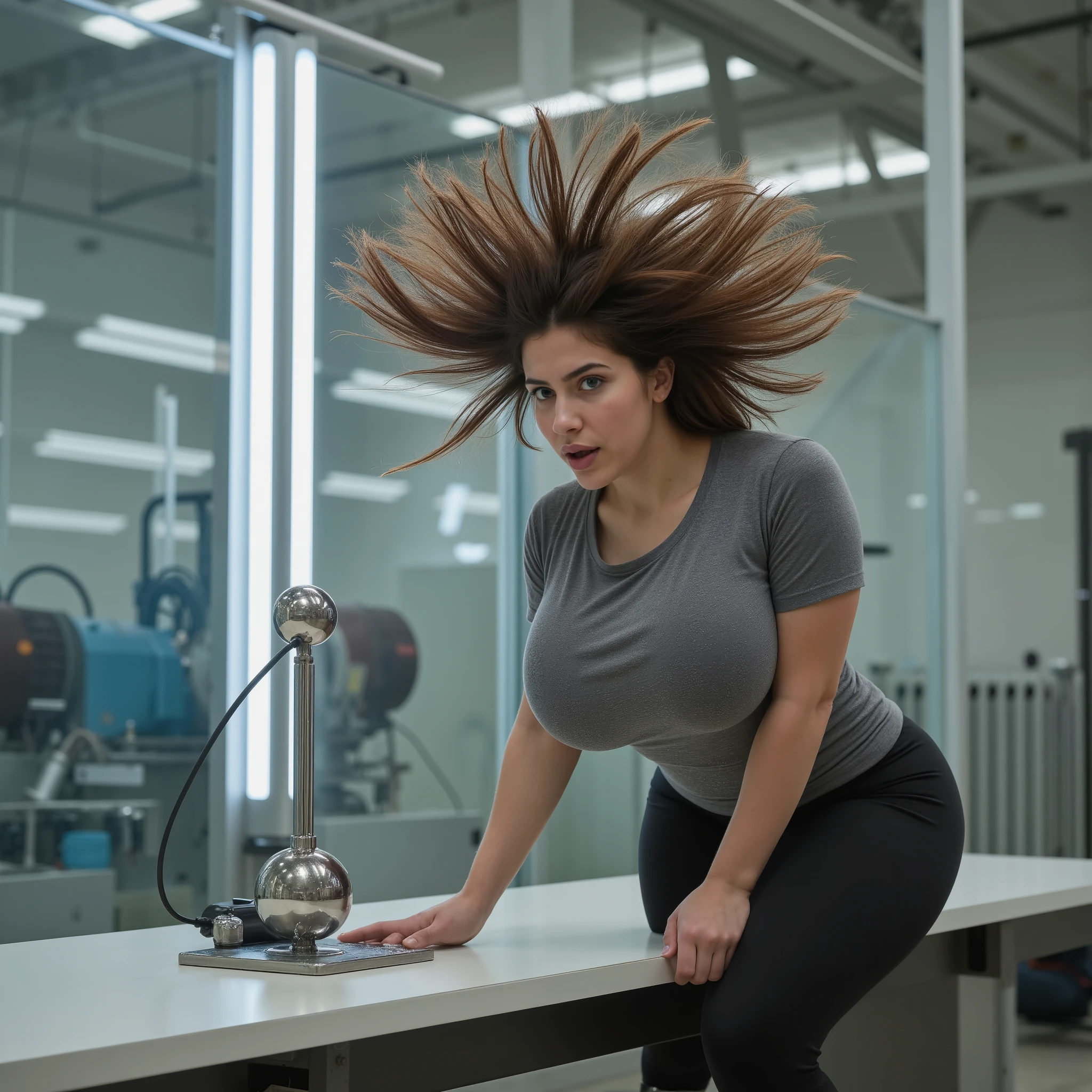 highquality electroexperiment photo, photorealistic fullbody view of (((fullbreasted))) young electrified (Yiny Leon), (((laying her hand on top of a single big electrostatic metal ball that stands on a socket in foreground and is part of a electrostatic tesla-device))), ((((((extremely static flying hair, electrostatic hair)))))), ((standing in the middle of an electrostatic demonstration room inside futuristic science museum)), ((((looking into camera, wide open mouth shouting, looking surprised harmlessly electroshocked amazed silly into camera)))), ((((((enormous huge round breasts completely covered by tight closed grey tshirt)))))), fully clothed, sexy long black latextrowsers, clear bright daylight shining from side, unmade face, colourless lips, (((huge plasmalamp in shape of long vertical glasstube, big tranformators and old generators, watching people behind a thick glasswall in background))), ((((hyper detailed)))), ultra sharp focus, 8k, uhd, realistic, low saturation, low contrast, ultra realistic colours, ultra realistic skin, only uncoloured light