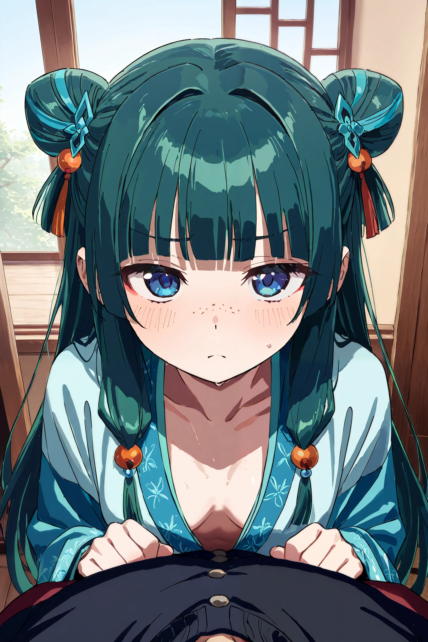 NSFW, Masterpiece, top quality, high resolution, very detailed,maomao、 long hair、bangs、 blue eyes、 hair ornament、 green hair、鈍いbangs、Freckles、 bun hair、 single bun