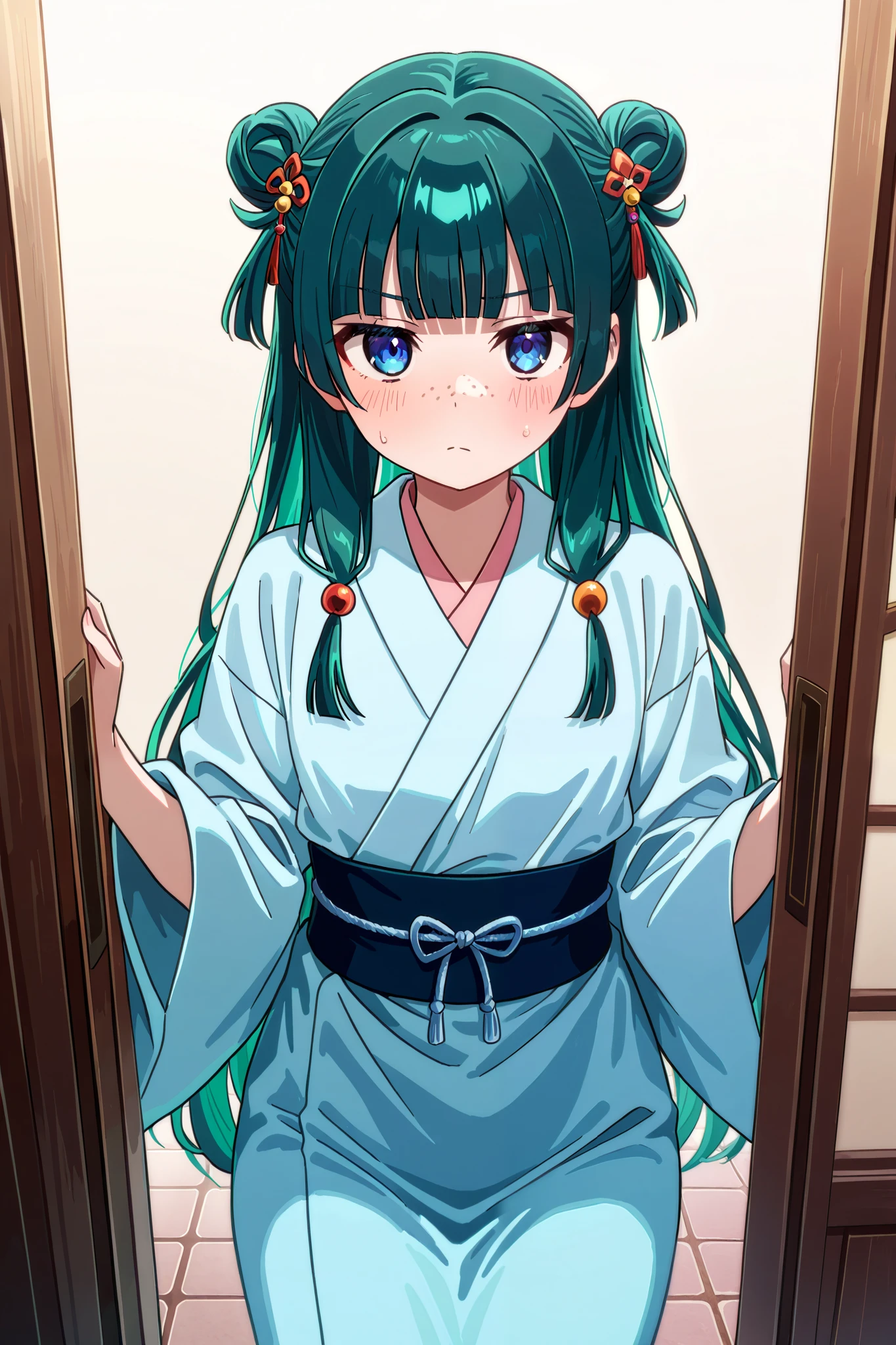 NSFW, Masterpiece, top quality, high resolution, very detailed,maomao、 long hair、bangs、 blue eyes、 hair ornament、 green hair、鈍いbangs、Freckles、 bun hair、 single bun, kimono、Robe、緑のRobe、 Long Sleeve、Wide sleeve、 skirt、赤い skirt