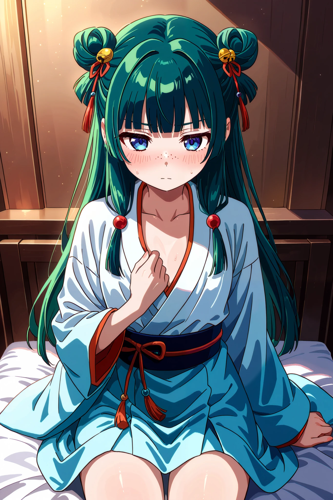 NSFW, Masterpiece, top quality, high resolution, very detailed,maomao、 long hair、bangs、 blue eyes、 hair ornament、 green hair、鈍いbangs、Freckles、 bun hair、 single bun, kimono、Robe、緑のRobe、 Long Sleeve、Wide sleeve、 skirt、赤い skirt