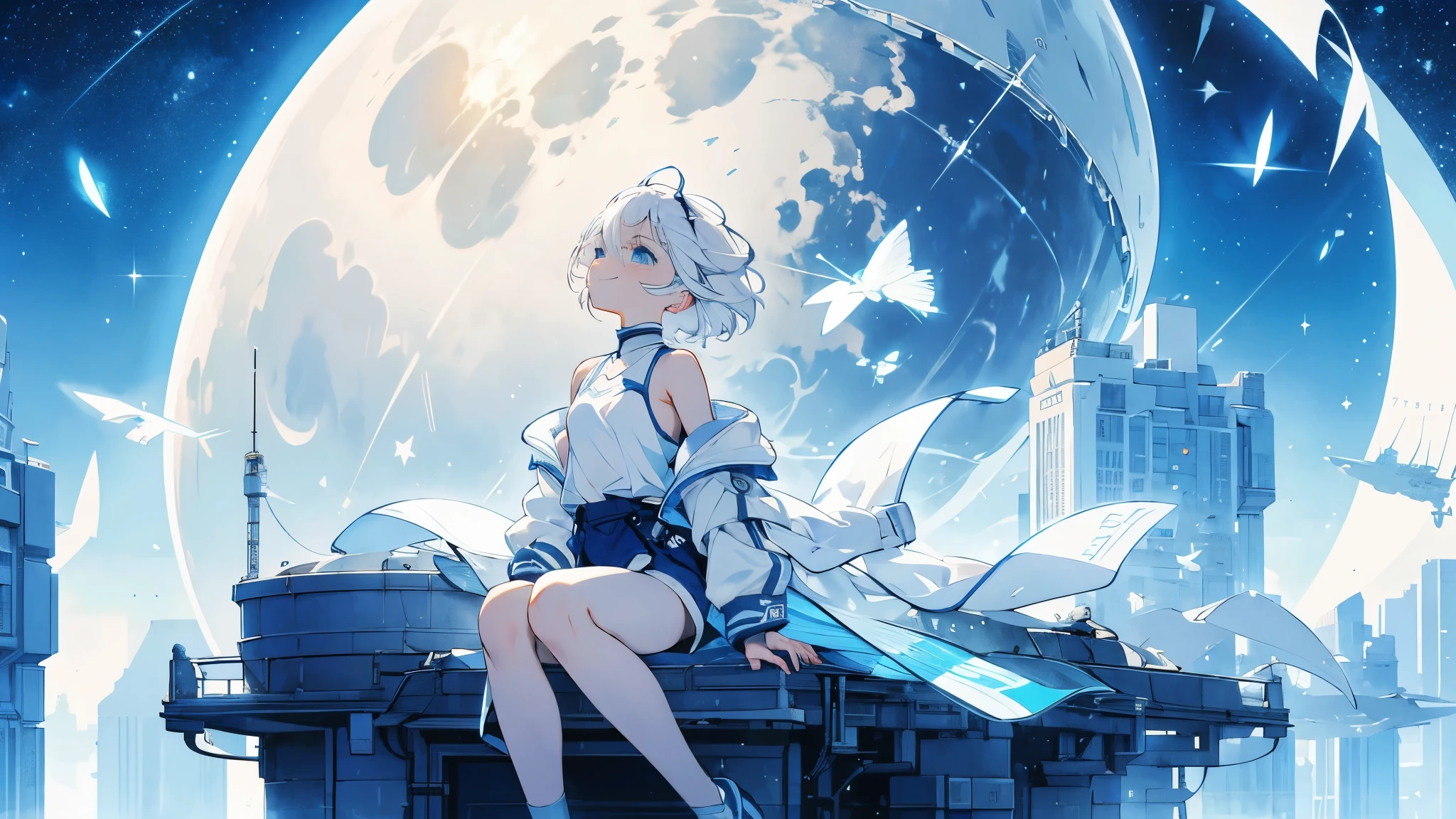 night,Starry Sky,Big full moon,girl1people,Futuristic buildings,Flying Airship,Rooftop、A gentle wind blows,Sitting,Looking up at the sky,Short Hair,White hair color,Blue Mesh,Blue Eyes,,アジアpeople,smile,,Sunburned skin,Being thin,White skin,White shorts,White tank top,White jacket,Low - Angle,