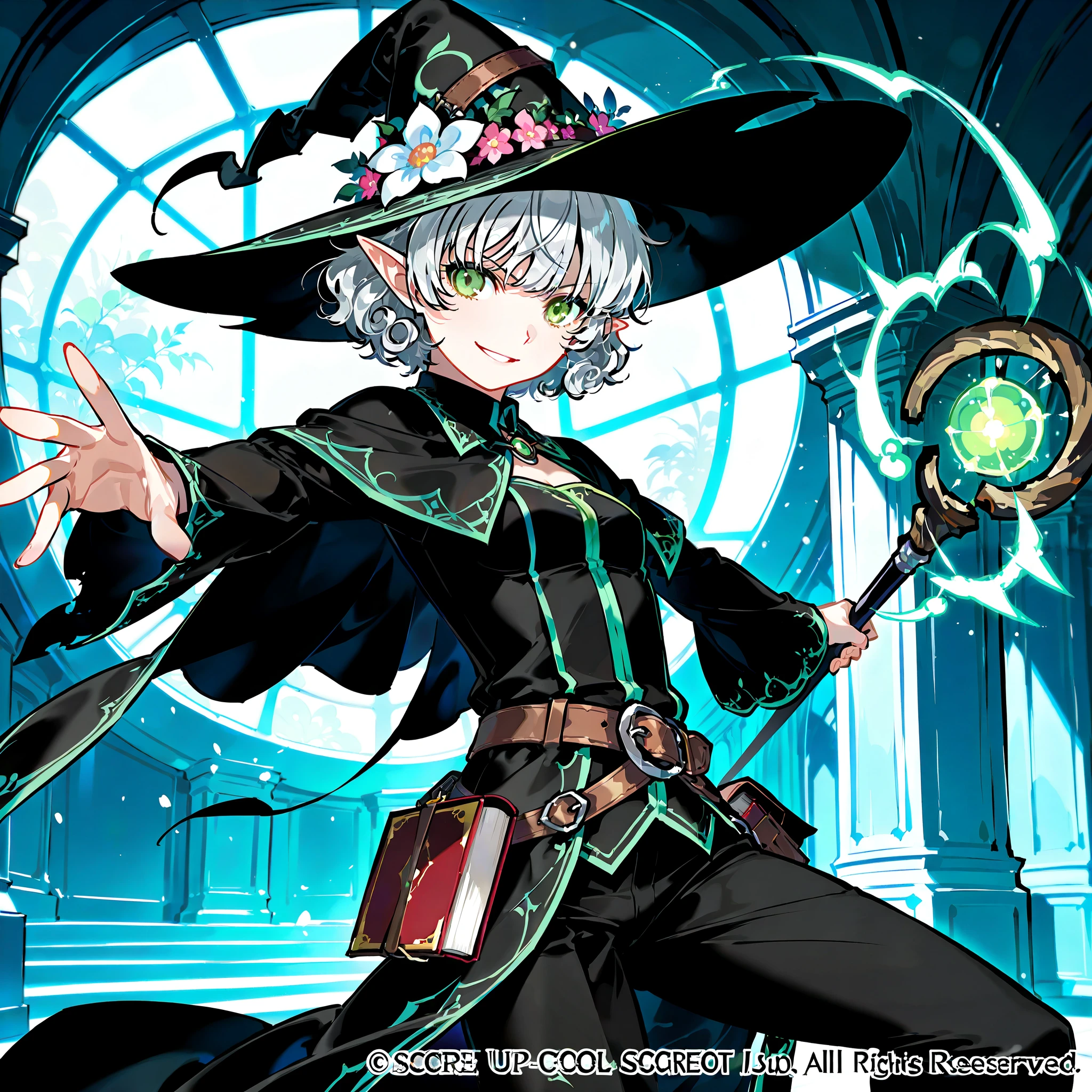 Solo elf, female, silver hair, short hair, medium cut, curly hair, green eyes,slender, flower shop penta witch's pointed hat, flower penta wizard costume, pants, fair skin, annoyance, raise right hand, belt, waste set red book, cool emotion, cool mild smiling, action pose, chanting magic, action pose, one hand magical long metallic staff, icy breath, frosty illusions, dark fantasy, inside, in the museum