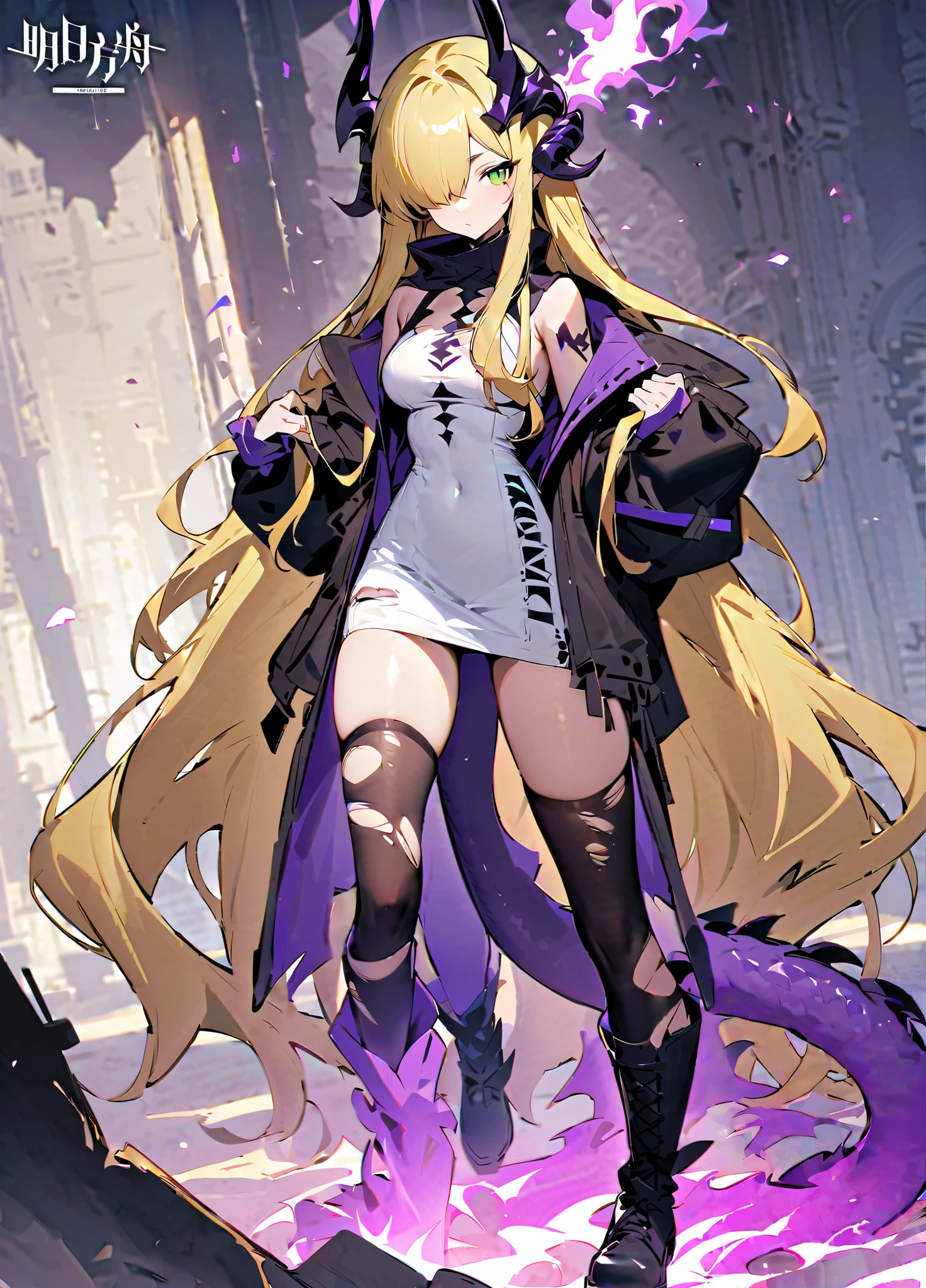 (fullbody), Yang Xiao Long, 1girl, solo, (ahoge:1), bangs, luscious blonde hair, very long hair, (lilac eyes:1), eyebrows visible through hair, hair between eyes, lips, teeth, collarbone, (Pendant:1), (purple jewelry:1), jacket, (black sleeves:1), (black shoulders:1), unzipped, long sleeves, cleavage, (black tube top:1), medium breasts, black underwear, (black belt:1.2), buckle, (purple fabric attached left of belt:1), (Heavy wind:1.4), (golden gauntlets with shell casings:1.3), black fingerless gloves, nail polish, (black mini skirt:1.5), thighhighs, (golden fire stamp on each thigh), (garter straps), (black legwear:1.5), cross-laced footwear, lace-up boots, (white laces on the back of boots:1.1), (standing:1.4), from below, (clean white background:1.5). BREAK, (masutepiece:1.2), Best Quality, High resolution, Unity 8k壁纸, (Illustration:0.8), (Beautiful detailed eyes:1.2), extra detailed face, Perfect Lighting, extremely detailed CG,