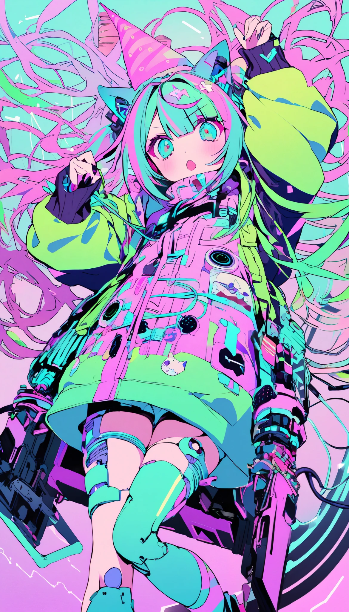 one girl, Decora, dynamic angle, Breathtaking, the above, Mandatory Distance Method , Oversized Jacket , Cat ears , green hair, Unicorn horn, cybergoth style , cutetech, pastel color , cute, cute色, SF, reel mechanism , cyborg, Robotic Parts, Cables and Wires, microchip, , cute, Color Palette : green, purple , pink gem Christmas