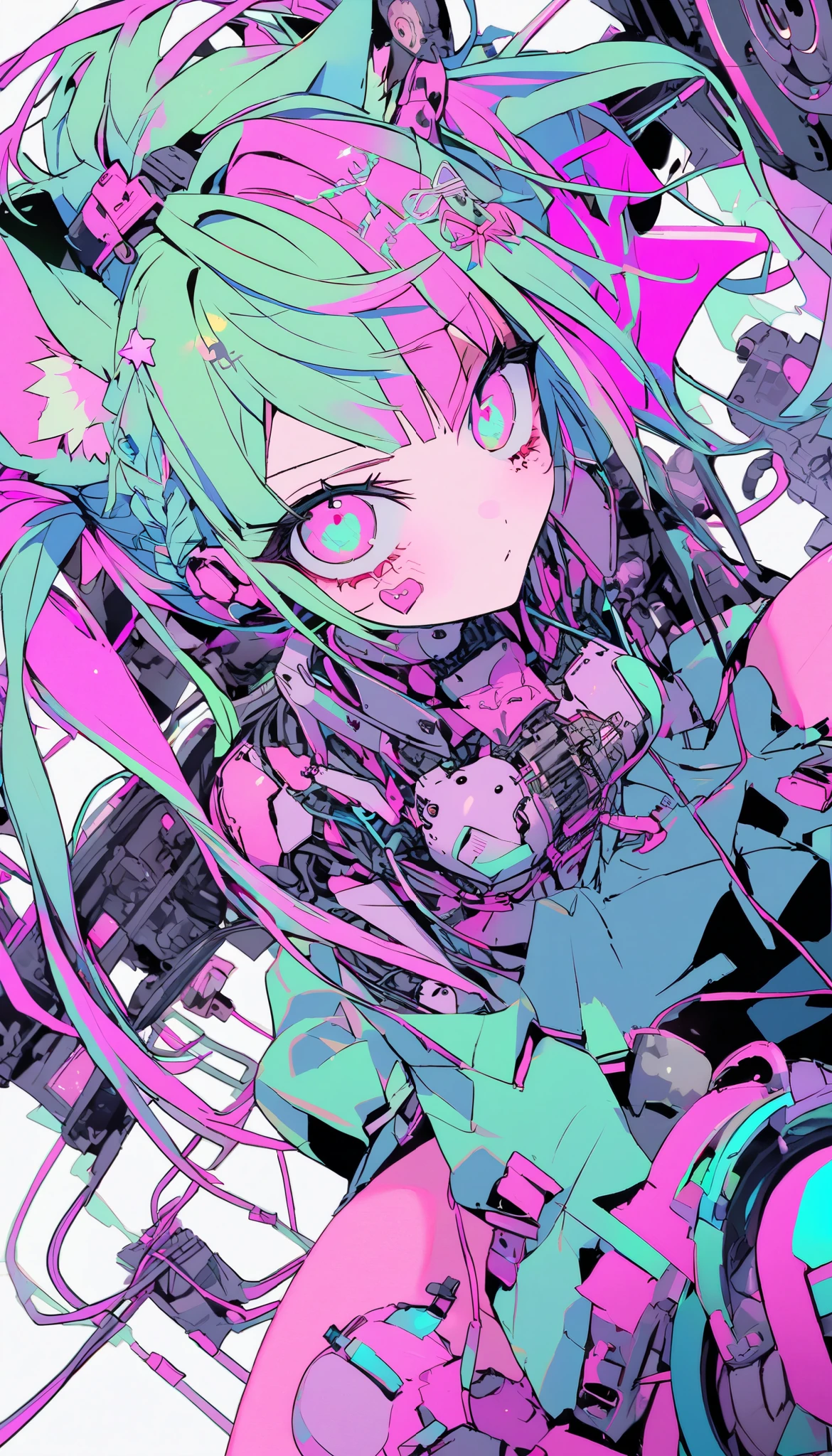 one girl, Decora, dynamic angle, Breathtaking, the above, Mandatory Distance Method , Oversized Jacket , Cat ears , green hair, Unicorn horn, cybergoth style , cutetech, pastel color , cute, cute色, SF, reel mechanism , cyborg, Robotic Parts, Cables and Wires, microchip, , cute, Color Palette : green, purple , pink gem Christmas