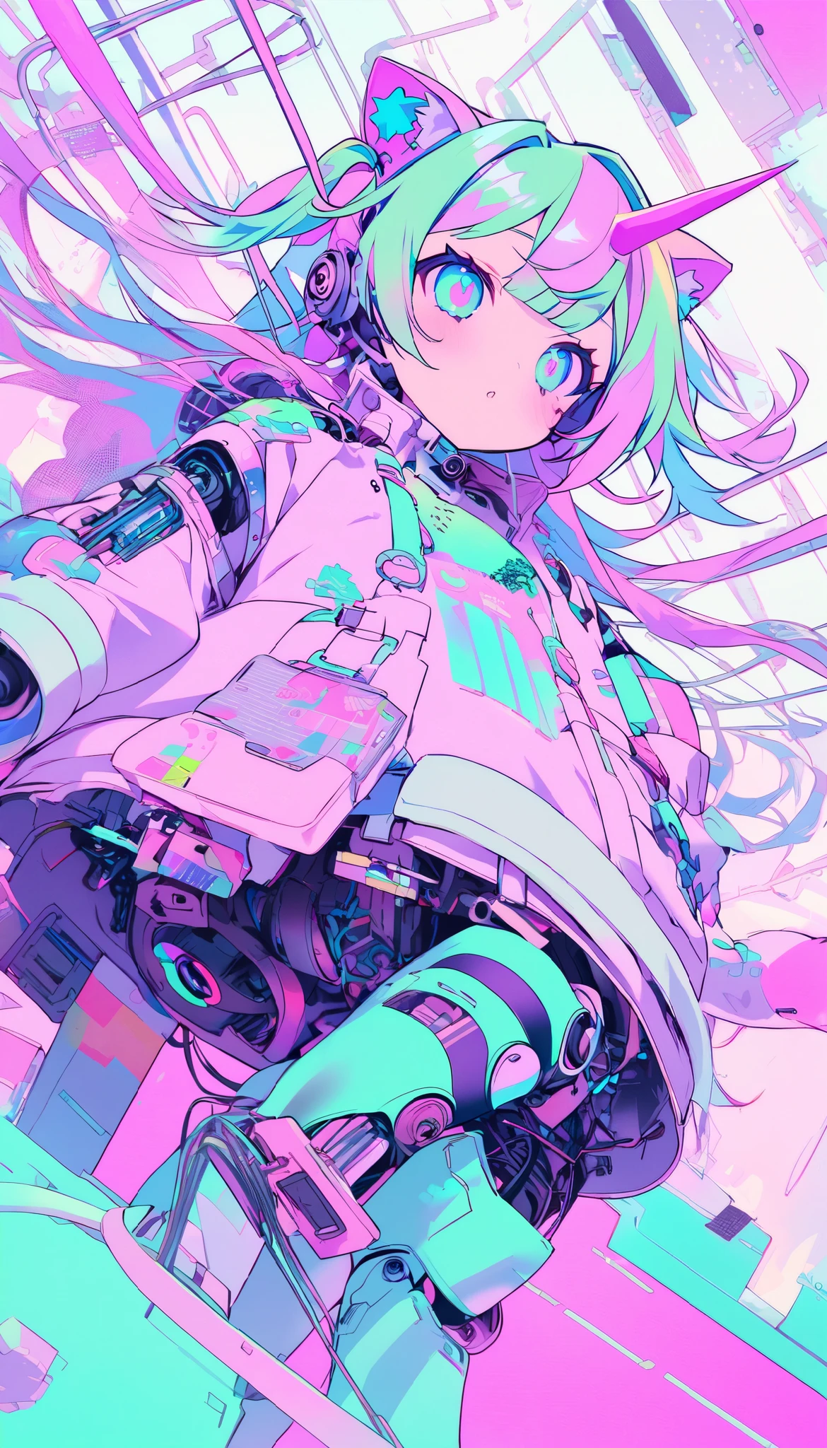    one girl, Decora,    dynamic angle, Breathtaking, the above,  Mandatory Distance Method ,    Oversized Jacket ,  Cat ears , green hair, Unicorn horn,  cybergoth style  ,  cutetech,    pastel color   ,  cute,  cute色, SF,    reel mechanism   ,    cyborg,  Robotic Parts, Cables and Wires,  microchip, ,  cute,    Color Palette   : green,    purple   ,    pink　gem　   Christmas