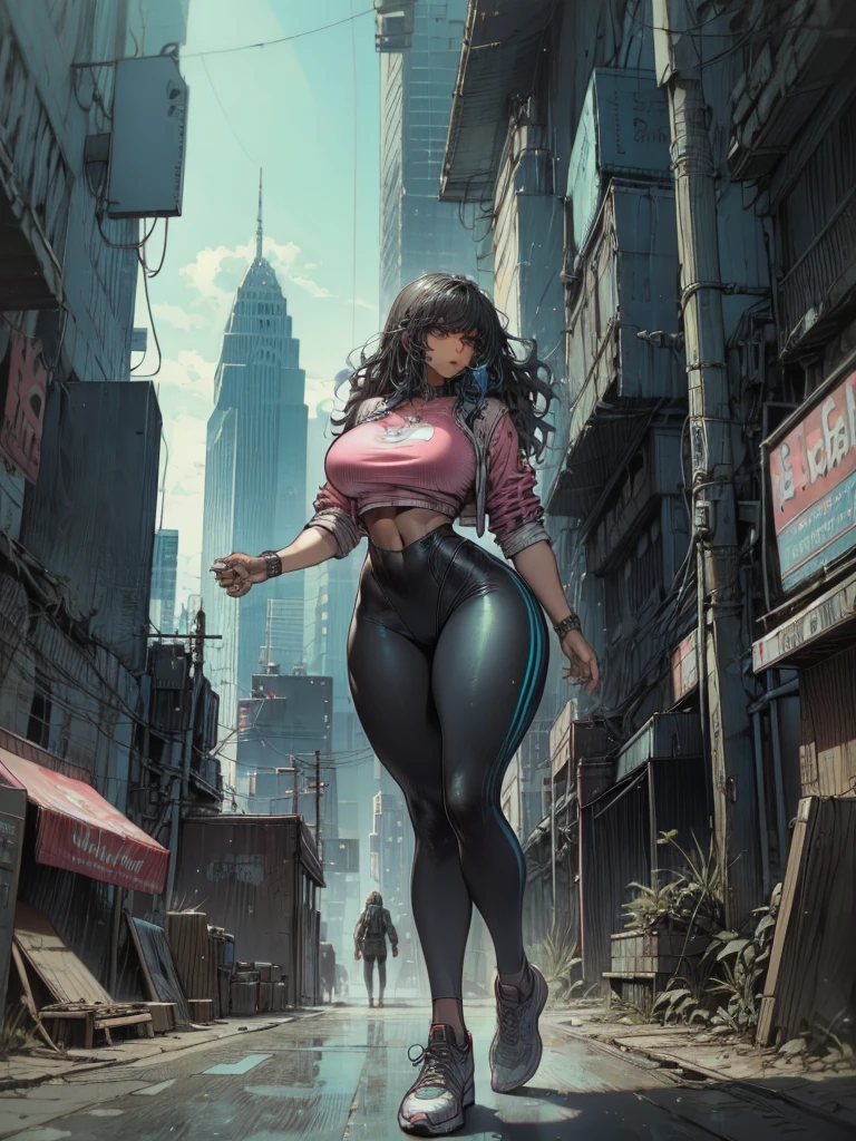 "A towering Giantess in a cool and laid-back hippie style is rocking a crop top and baggy pants. Her toned and athletic build hints at her massive strength. She seems to be casually strolling through the bustling cityscape of GTS City, as towering buildings loom overhead. Smoke and clouds roil around her, adding to the sense of epic scale and drama. The lighting is dark, gloomy, and realistic, creating a tense and ominous atmosphere. The perspective is from below, emphasizing the sheer majesty and power of the Giantess."