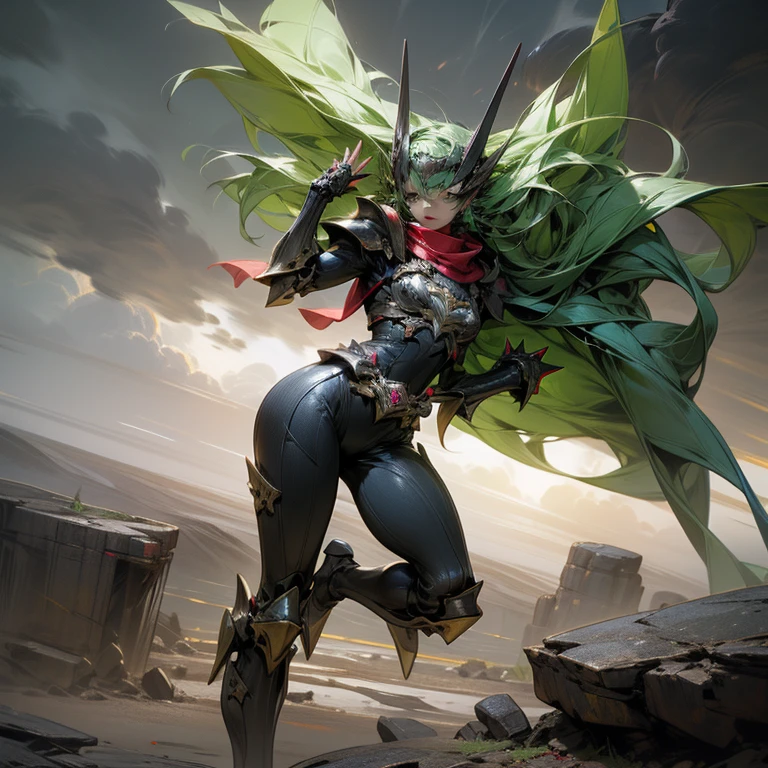Larger than life woman walking over a village, wearing intricate heavy armor, glowing green eyes, bottom up camera shot, destruction, evil, high fantasy