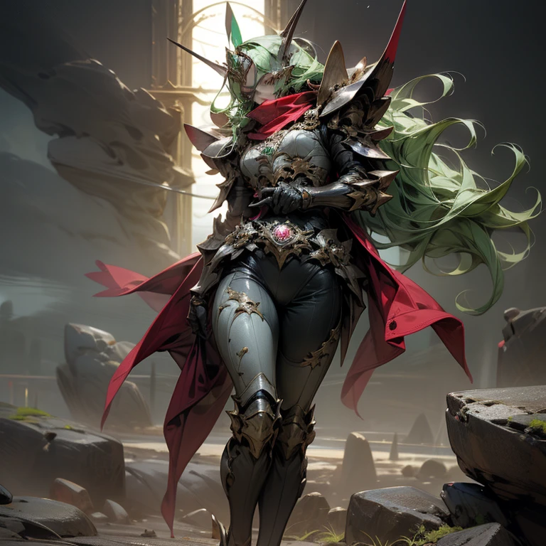 ((best quality)), ((masterpiece)), (detailed), 1 women dark knight armor, 8k_wallpaper, extremely detailed eyes, (large masterpiece digital art), (intricate details:1.3 ), (ultra-detailed:1.3), (sharp focus:1.3), (natural lighting:1.05), (vivid colors:1.3), (best quality:1.4), expressive eyes, full body, detailed face, beautiful face, perfect face, ((hair sandy white curls)), ((gold horns)), (gold eyes), {{dark skin}}, ({dark skinned female}), big breasts, huge chest, mid-range pelvis and big ass, cruel predatory and cold-blooded arrogant look and smile, an open red coat with rolled up sleeves, an open coat with rolled up sleeves, steel heavy knight armor through the fabric the clear outlines of large pointed nipples are visible, a wide orange belt lowered lower with large gold yarn, leather pants with steel thigh guards clear outline of pussy, leather gloves, steel gold bracers and shoulder pads, dark silver chain mail oversleeves, a medieval marching backpack, walking along the path against the backdrop of the elven ruins of the city and colorful blooming flowers,