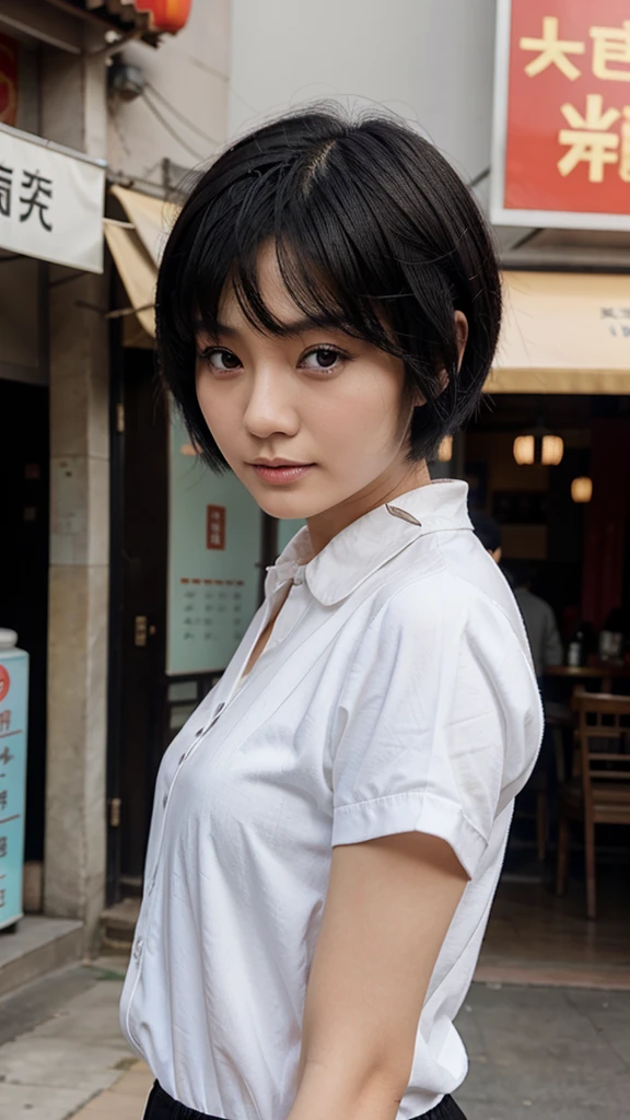 (8k、born、Professional、Highest quality、masterpiece:1.2)、(Genuine、Realistic:1.37)、Very detailed、(18-year-oldの女性のポートレート)、(高いest Detail Skin:1.2)、(高いest detail face:1.2)、1 Female、18-year-old、((Short black hair:1.2)), 8k, (Highest quality), Realistic, (live-action, Intricate details), (Natural skin texture, Detailed skin, Hyperrealism, Sharpness), (汚い路地裏に立つ日本の女子大born, graffitied wall:1.3, Exposed armpits), ((Wear a denim microdress over a nude body, Distressed denim, Front Button Dresses, No sleeve, Open the chest)), (((Small box:1.1))), Fair skin, Sweaty skin, ((Wavy short hair, Pixie Cut Hairstyles)), (neat face, Lips parted), thigh, graffiti:1.5, Street Art, hard lighting:1.3,