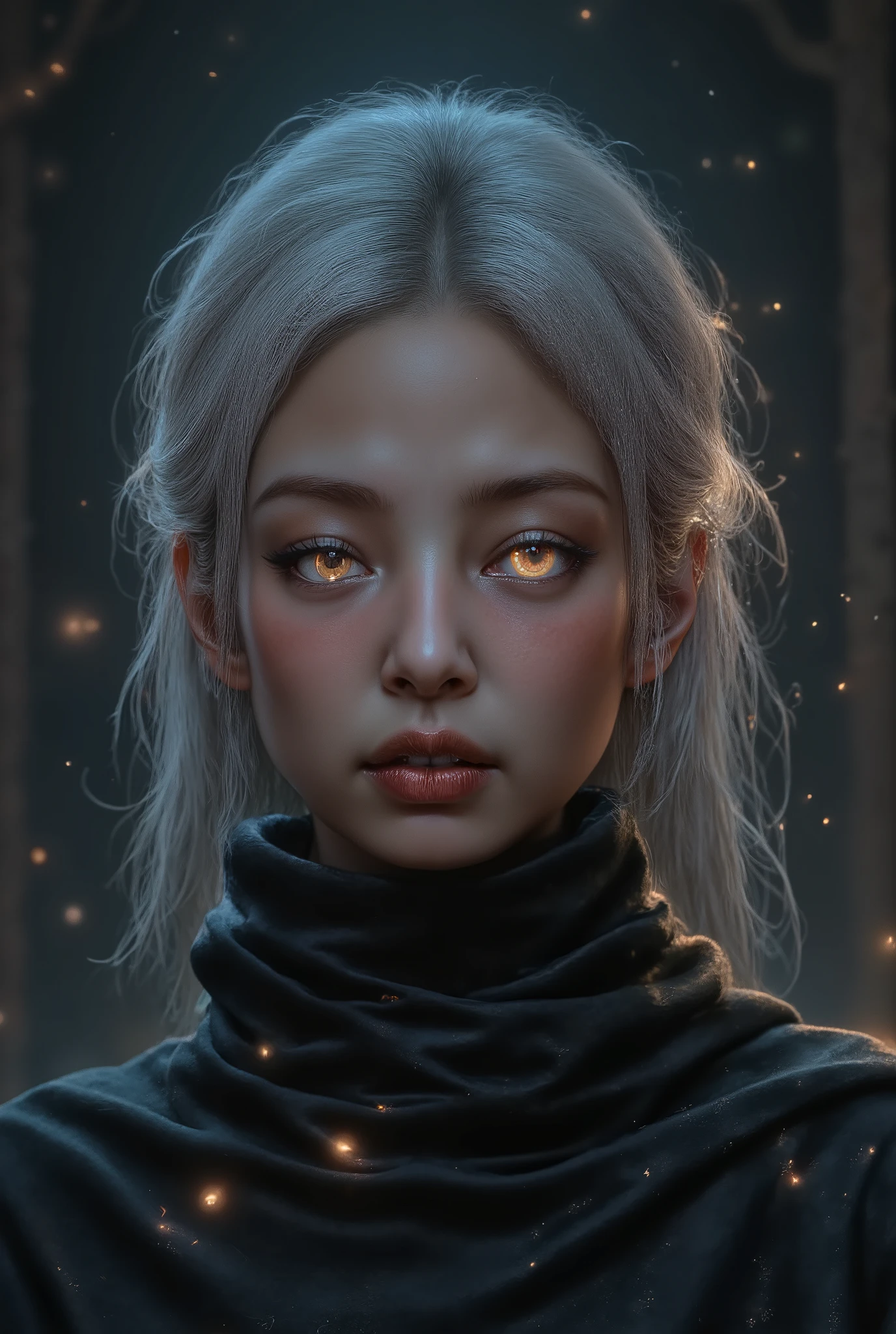 dark fantasy, dramatic lighting, moody atmosphere, cinematic composition, volumetric lighting, photorealistic, 8k, ultra-detailed, realistic, masterpiece,a highly detailed portrait of 1 girl from the anime naruto,intricate detailed face, striking piercing eyes with tomoe pattern, white hair, wearing his iconic leaf village ninja outfit, sharp defined features, pale skin, serious facial expression, swirling energy emanating from eyes,