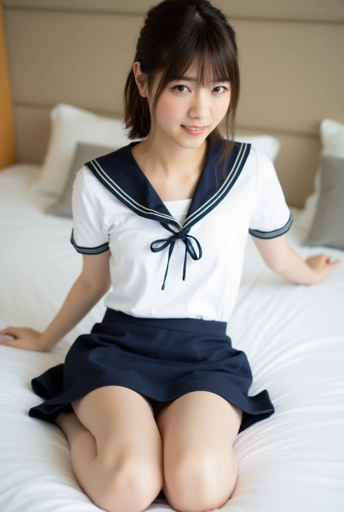 Browsing Caution, (8k, photograph, Highest quality, masterpiece), Pool、Cute Woman、Small breasts, 20-year-old, (Pixie_cut)、(uniform), smile, hair ornaments, (Light blue lace panties)