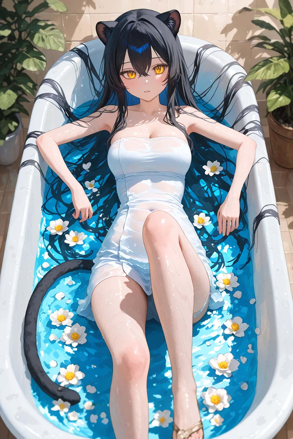 Beautiful girl sitting on a chair in the shade of a tree, putting her bare feet on a tub filled with ice water, and dozing off with a bath towel over her head、masterpiece、realisitic