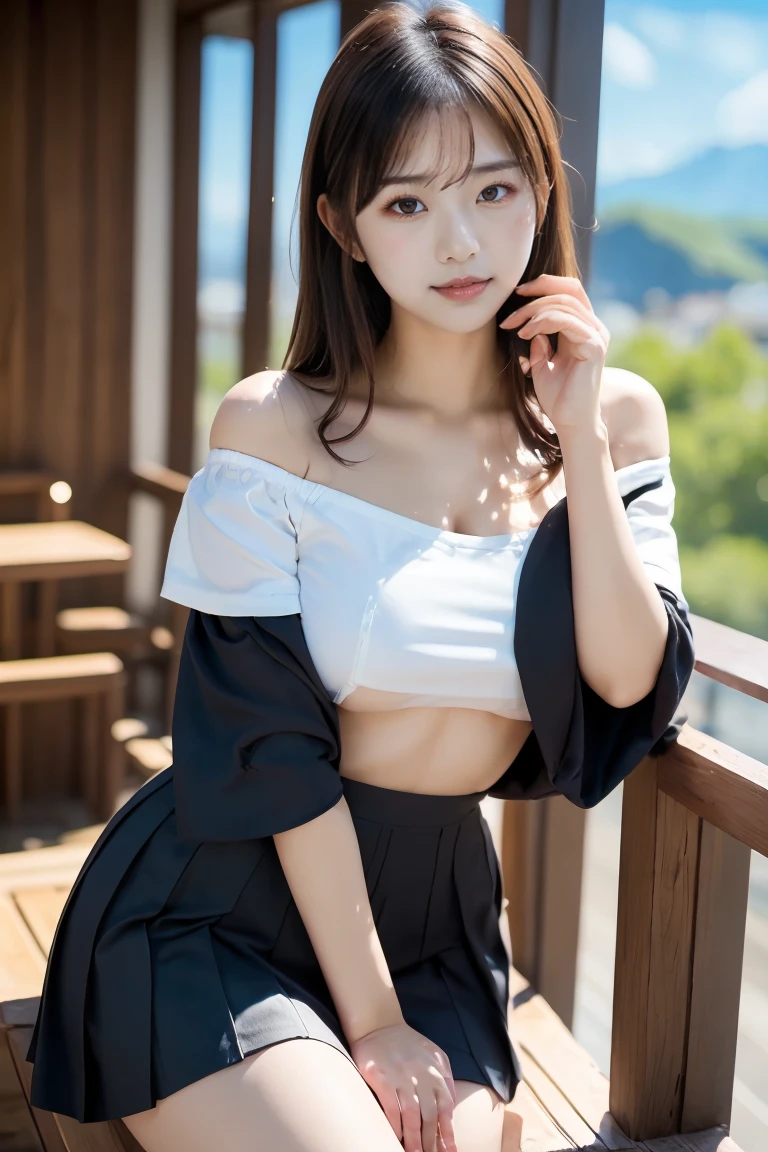 ((Highest quality)),((最high resolution)),((high resolution)),((detailed)),((High definition)),((8K)),((Perfect body)),((Perfect Face)),((Realistic)),((Real)),((Realistic)),((Beauty)),Korean、Stylish cityscape、Outdoor、City、Night view、Black Hair、((Only the tips of the hair are pink))、(big breasts:1.1)、Straight long hair、Very dense makeup、((Straight bangs))、Black Mini Skirt、Black ruffled off-the-shoulder top、Exposed Skin、Place your arms behind your back to support your body、Slanted Eyes、White Skirt、Sit on a bench、((cross-legged))