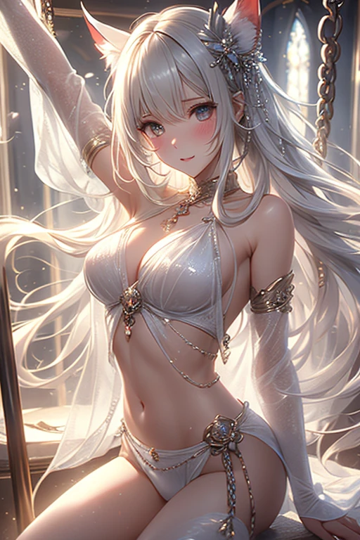 NSFW　(Highest quality:1.5, High resolution, 超High resolution, 4K, Detailed lighting, Shaders)Gentle and attractive Chinese beauty, Half-body photo, Delicate and sexy collarbone, Attractive oval face, double eyelid, Bright pink eyes, Pink Lips, Small Nose, Bare shoulders, Concentrated face, Face close-up, 超High resolution, Super Detail, Elegant standing posture, Ultra-fine light-transmitting wet yarn,Gray Hair,Red eyes