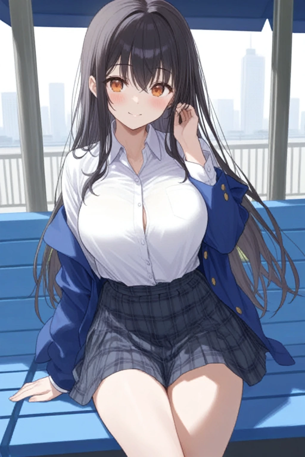 masterpiece, absurdres, ultra-detailed, Yamada Anna, 1girl, solo, long hair, blush, large breasts, black hair, long sleeves, brown eyes, , jacket, white shirt, pleated skirt, collared shirt, blue skirt, blazer, cardigan, blue jacket, (realistic:0.35), blush, smile, looking at viewer, outdoors, outdoors, sitting with a leg on chair, colorful, breast pocket, messy bangs,show tits