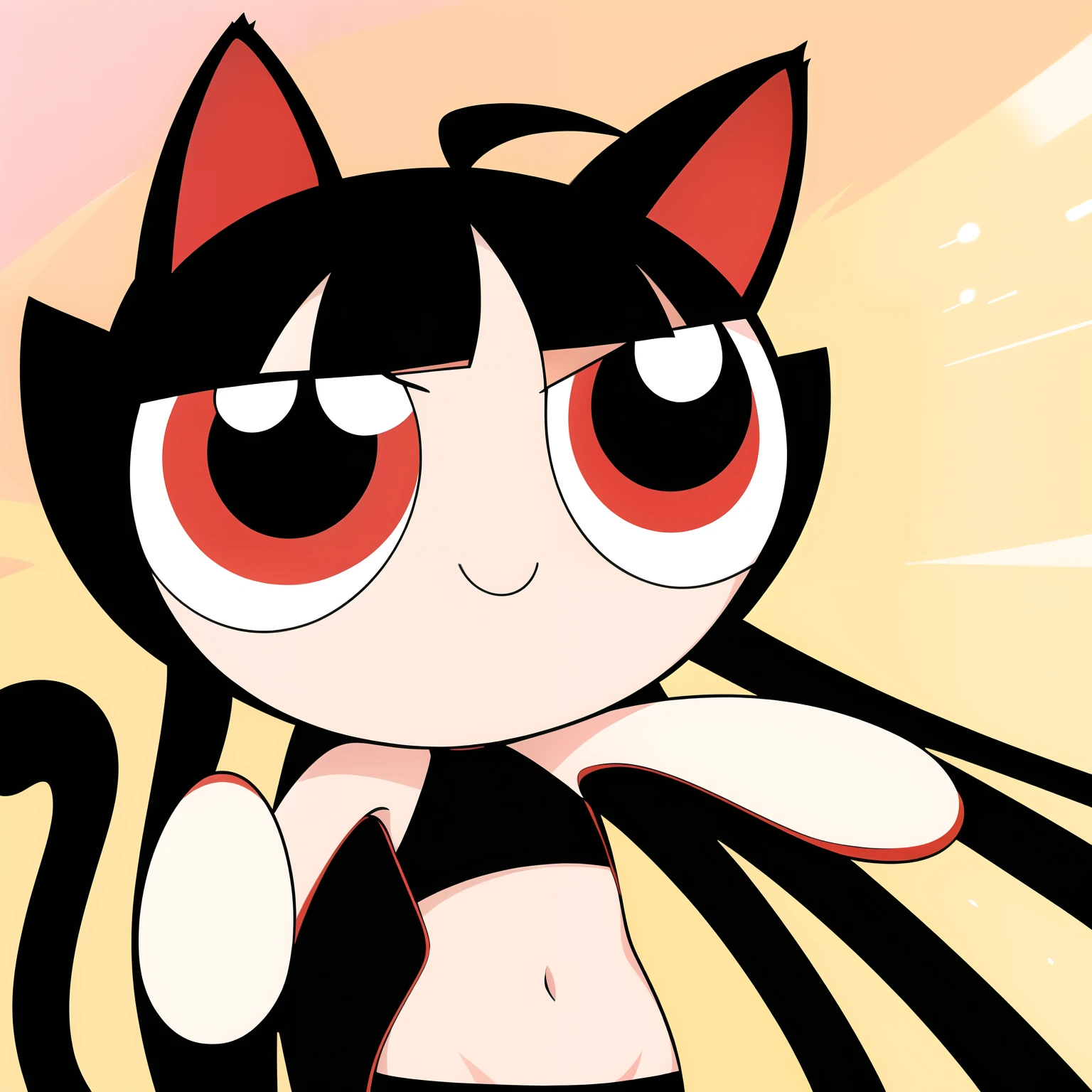 sonrisa,chibi,
cuerpo completo, 1 chica, , ((cat girl, cat black ears)), (red eyes), (long hair), (( black hair, (Ahoge), straight bangs,)),,