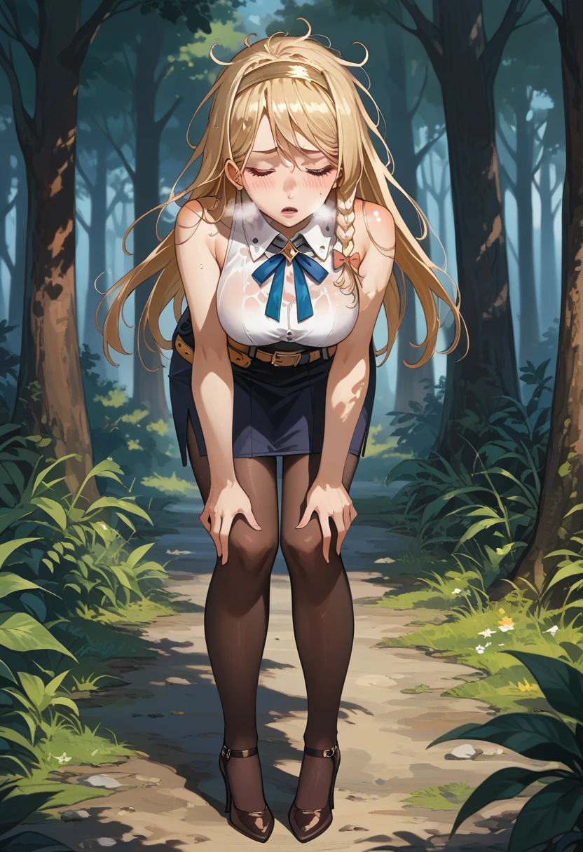 masterpiece, highest quality, slender young girl, (Restrained to a tree by rope), closed eyes, open mouth, forest, (clenched teeth, tears,collar)