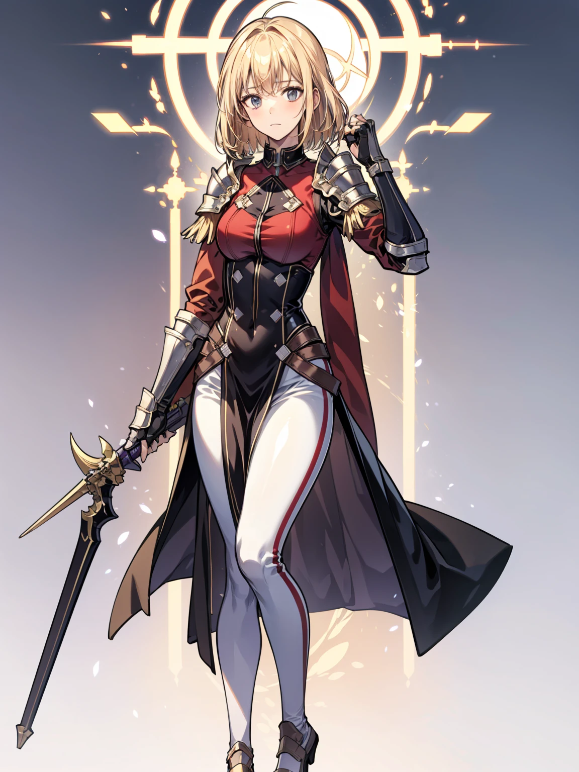 1girl, solo, jeandef, large breasts, thighs, crotch, standing, (glowing red eyes), (from below view), red background