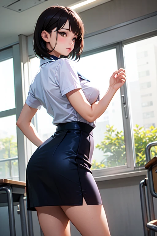 1 Woman, Japanese Woman,(Housewife:1.5),(40 Years Old:1.68),(Attractive Mature Woman:1.66),(Middle Age:1.78),(Small Round Face:1,69),(small breasts:1.5),(Casual, collared cutter shirts, buttons,long tight skirt),((graduated haircut)),(arms behind head:1.64),(squat:1.62),(spread legs:1.51),(legs up:1.61),(blush:1.3),(conference room, conference tables, laptops, files, chairs),