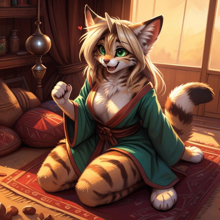uploaded on e621, beautiful and detailed portrait of a female anthro sand cat, by Zackary911, by Kenket, by Kilinah, by fluff-kevlar, soft lighting, sand cat, full chest, kneeling, beautiful, straight fine hair, platinum blond, 1girl, solo, kneeling on a red rug before the pov, mouth wide open, minimal background, beautiful green eyes, anime eyes, Arabian, robe, sleak tail, love struck, thick thighs, bottomless, (bright colours, coordinated colours), fantasy theming, down to fuck