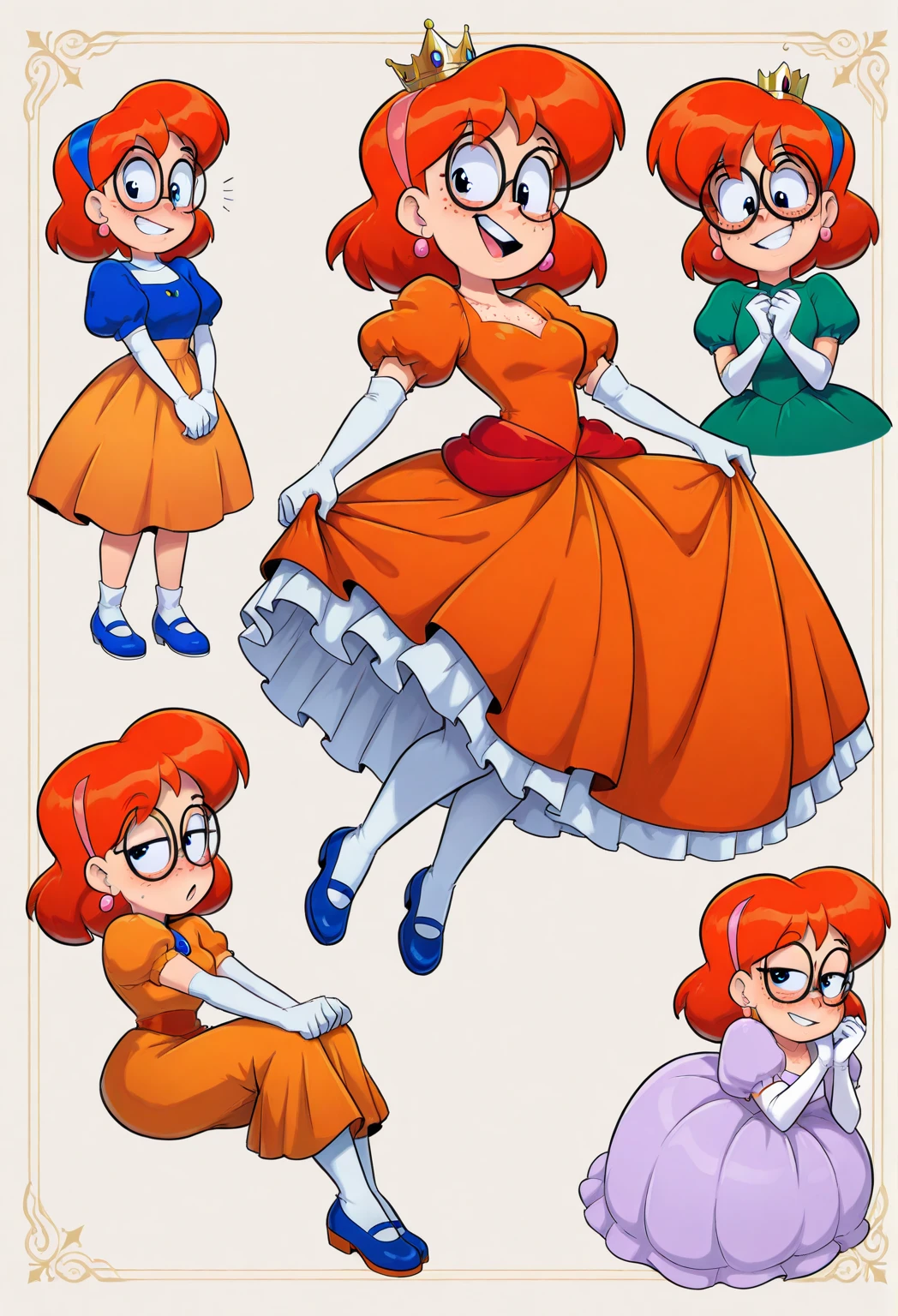 terra mandrile, orange hair, glasses, blue shoes, freckles, crown, orange dress, white gloves, earrings, princess, puffy sleeves, elbow gloves, blue stripes on dress
