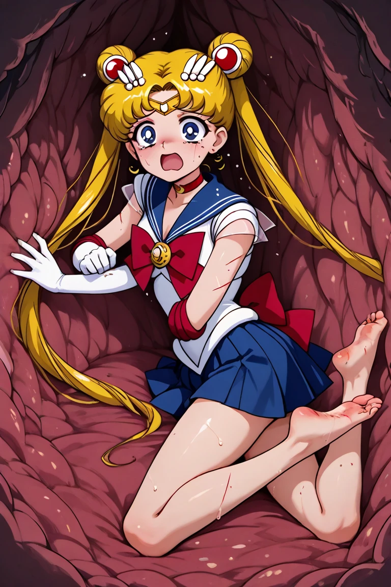 (((((angled view from under skirt, pussy fully visible, ))),masterpiece, highest quality, (1 person), (Sailor Moon R),(Super Sailor Moon uniform), (blonde hair), (red long boots), (detailed face), small breasts, sexy vagina, white wall, (on bed), (bright room: 1.0), (frightened expression: 1.0),(expression of despair: 1.0), white gloves, detailed eyes, detailed face, (love hotel room),(thrown on bed: 1.3), highest quality, high resolution, (detailed and beautiful eyes: 1.3), highly (detailed face), (detailed CG), (perfect hands, perfect anatomy: 1.3),(on bed: 1.0),(short skirt:1.3), (skirt flipped up),(vibrant uniform),(frightened face: 1.3),(naked lower body: 1.3), (inverted skirt 1.3), (perfect pussy: 1.3), (hairless pussy: 1.3), (crying face: 1.0), (tears in eyes: 1.0), (blood in vagina: 1.3), (being violently violated by enemy: 1.0), (being glared at by man who is about to violate her further: 1.3), (deep vagina: 1.3), (detailed vagina: 1.3), (spread legs: 1.3), (spreading legs: 1.3), (long ponytail), (pussy focus), (vagina with semen: 1.3), (lost virginity: 1.3), (uniform cut: 1.3), (uniform torn:1.3), (man's penis thrust into vagina: 1.3),