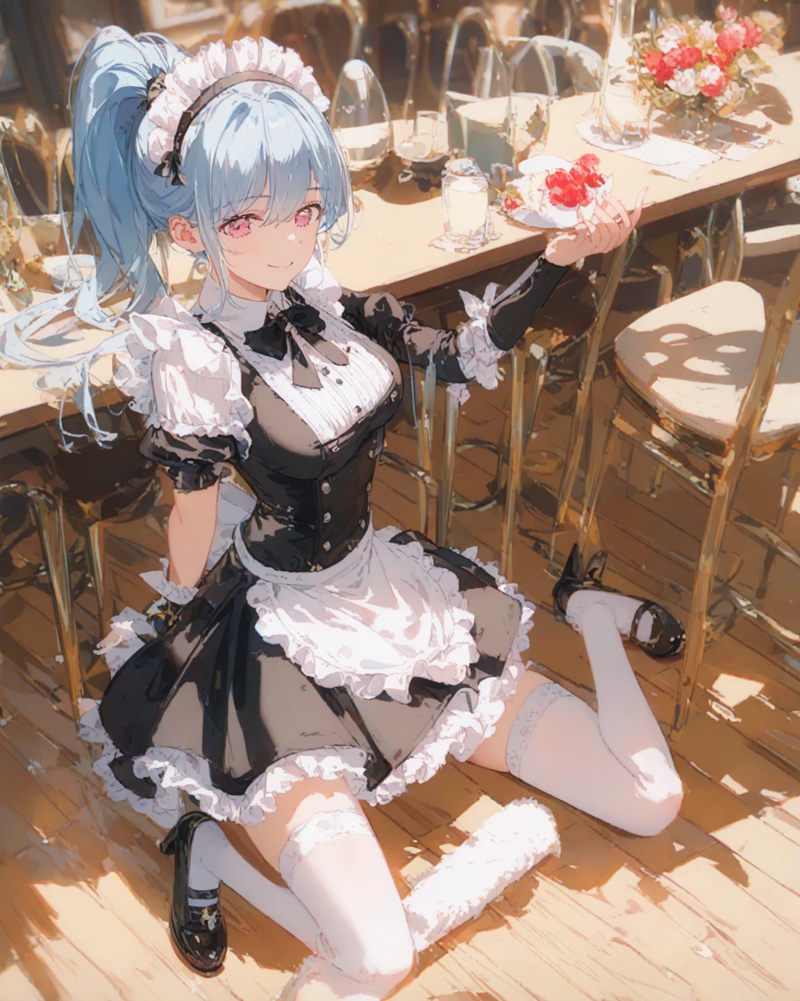 score_9, score_8_up, score_7_up, rem_\(re:zero\)
blue_eyes,hair_over_one_eye,short_hair,blue_hair,hair_ribbon,roswaal_mansion_maid_uniform, 1girl, solo, sitting, crossed legs, from below
Masterpiece, best quality, detailed eyes, perfect face, award winning