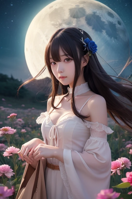 A Masterpiece、extremelydetailed、Professional lighting、Clean skin、Illustrations、only girl、Very cute、Long hair with bangs、Fantastical、stars、Asian、gentle face、Baby face、with round face、Little little eyes、Skinny、Sadness face、petals、Floral、The dress、barefoot、aqua、all over the body、Soft atmosphere、night sky、glitter、Ephemerality