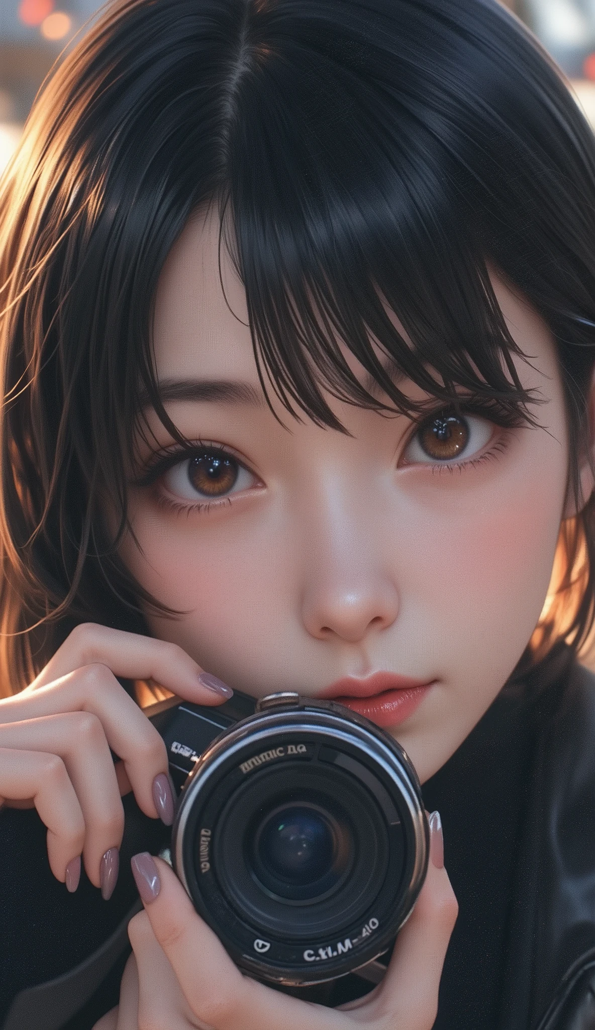 beautiful hands, transparent nails, Glossy nails, boyish girl with short hair, black hair, detail eyes, nose, lips and, Plain clothing, Half of a woman's face while holding a camera, camera( top quality ,4K, 8k, high resolution, masterpiece:1.2), ultra detail, high resolution, Studio Lighting , very detailed face, Portrait, cinematic lighting ,Dramatic lighting, Dramatic Colors, illustration, strong colors, stylish real,