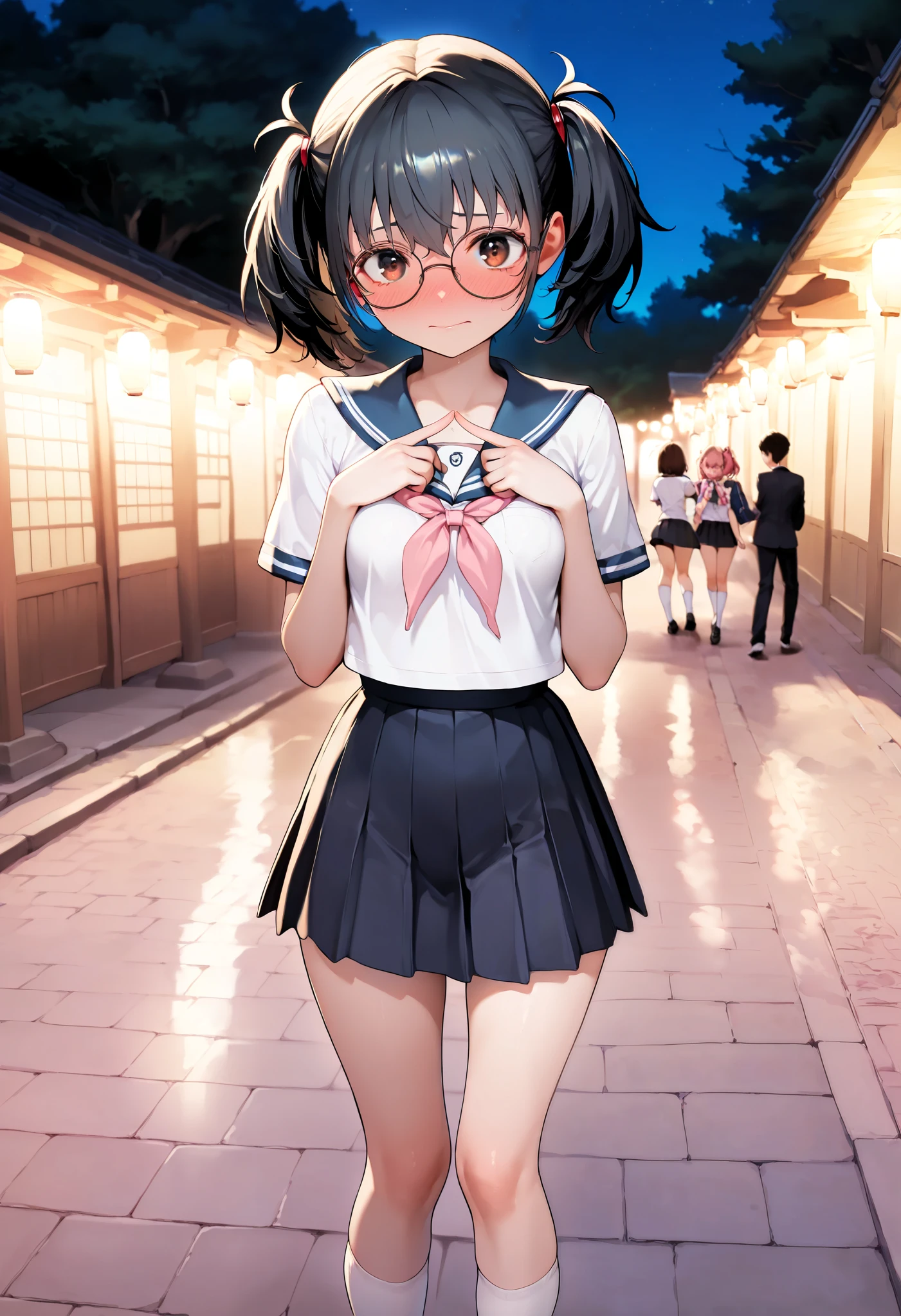 crop top look、Fashionable glasses、Pantieini skirt、Panty shot、arcade、game machine、Game bench、UFO Catcher、Purikura、Date、forehead、Girl、Girl、Short、Younger、Lower school year、Baby Face、flat chest、smile、Dynamic Angle、masterpiece、best quality、ultra-detail、There are customers around、I'm making a mess、Clothing、school bag、hat

