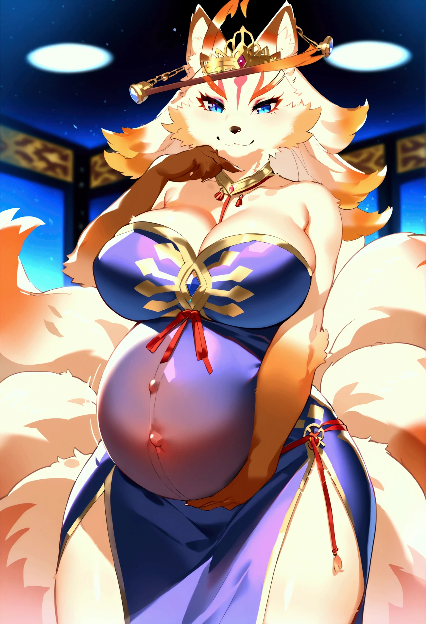 ((Best Quality)), ((masterpiece)), (detailed), 1 girl, Orange hair, long hair up, fox ears, clear skin, blue eyes, big breasts, wide thighs, white kimono with red flowers, Fox tail, happy expression, short stature, at home, in the backyard, ASS, vagina, again