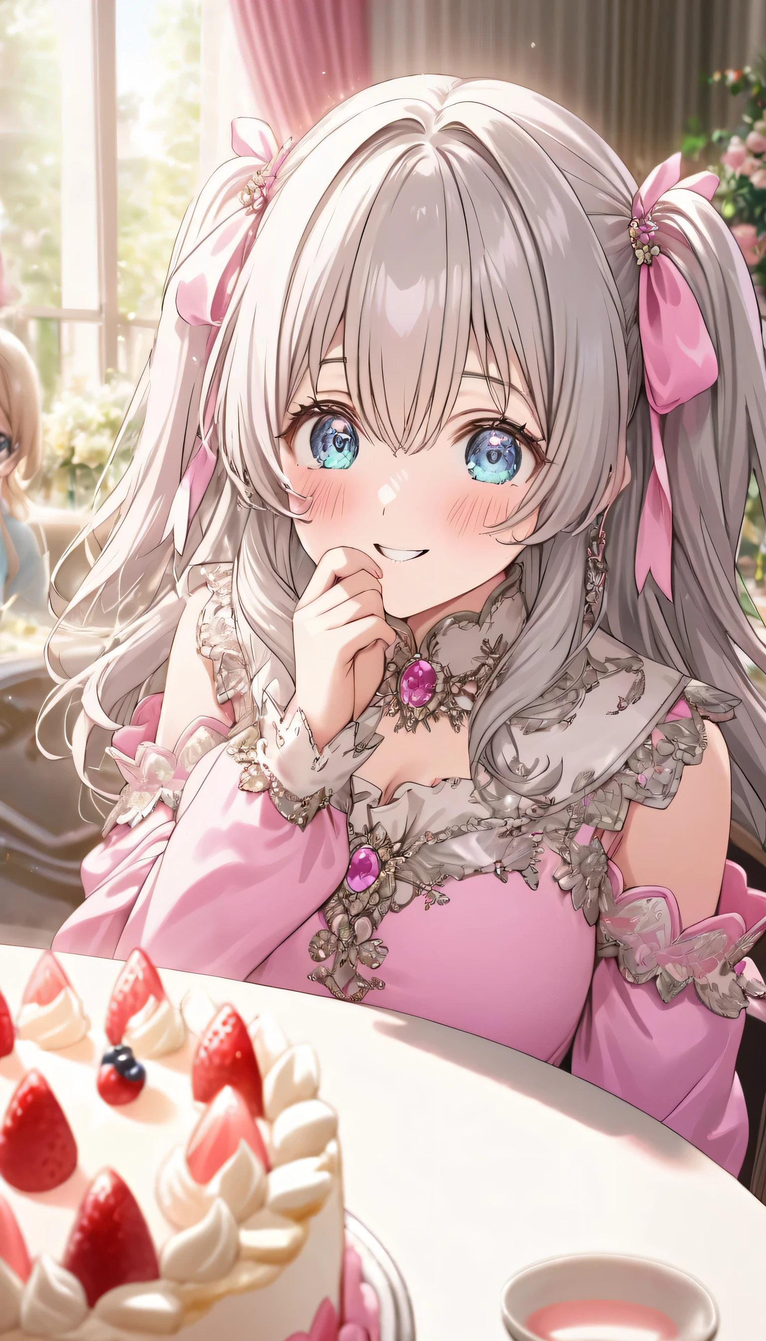 ((ultra-detailed)), (highly detailed CG illustration), (best quality:1.2), ultra-highly detailed, colorful composition, artistic photoshoot, 1girl, solo focus, ((upper body:1.4)), moe anime character, age girl, dainty facial structure, (baby face), (round face), ((rounded chin:1.2)), ((ideal ratio body proportions)), celia-default, celia claire, (blue eyes), sparkle eyes, silver hair color, two side up, ((hair ribbon with blue)), ((blue semi formal dress with gold decorations)), ((surprised)), ((excited)), (happy), (joyful), ample breasts, best quality, masterpiece, ((small pink birthday cake on the table:1.4)), best quality, masterpiece, ((sitting in a luxurious decorative room at the birthday party)), from front, expecting, pink cheek, blush, light pink gloss slip, portrait, depth of field, soft lighting, sidelighting, (shine), lighting, caustics, ray tracing, smile, perfect face, lustrous skin, highly detailed face, highly detailed eyes, perfect face, perfect nose, perfect hair, perfect eyes, perfect anatomy, beautiful hair, beautiful small face, extremely detailed face, beautiful detailed eyes, beautiful clavicle, beautiful body, beautiful huge breasts, leavage, breasts squeezed together, equalize the size of the left and right breasts, beautiful fingers, 4 fingers, 1 thumb, lovely, (very detailed background:1.0), (highly detailed background:1.0), spring aesthetic, intricate details, festive atmosphere, joyful atmosphere, spring colors palette, chromatic aberration
