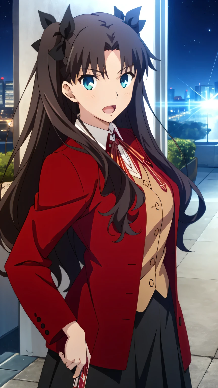 {{{masterpiece}}}, (best quality:1.5), (ultra-detailed:1.5), {illustration}, {{an extremely delicate and beautiful}}, (beautiful detailed eyes:1.6), absurdres, highres, extremely detailed face, 16k, hd, visual anime de uma jovem mulher, extremamente bonito rosto de anime, anime melhor garota, (perfect hands, perfect anatomy), anime face, Tohsaka Rin(Fate/stay night), ChopioTohsakaRin, 1girl, solo, cute face, black hair, long hair, two side up, parted bangs, black hair ribbon, round face, big eyes, aqua eyes, (High resolution eyes, Beautiful eyes, Light in the eyes), medium breasts, big hips, curvaceous, BREAK, outfit_1, red coat, long sleeves, buttons, collared shirt, neck ribbon, brown vest, black skirt, (long skirt:1.3), pleated skirt, black pantyhose, BREAK, tsurime, open mouth, legs apart, fighting stance, duel, clash, slashing, flushed cheeks, looking at viewer, outdoor, city, building, sky, night, night view, cityscape, cowboy shot, from front, medium close-up shot