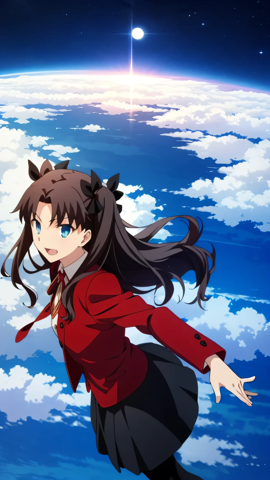 {{{masterpiece}}}, (best quality:1.5), (ultra-detailed:1.5), {illustration}, {{an extremely delicate and beautiful}}, (beautiful detailed eyes:1.6), absurdres, highres, extremely detailed face, 16k, hd, visual anime de uma jovem mulher, extremamente bonito rosto de anime, anime melhor garota, (perfect hands, perfect anatomy), anime face, Tohsaka Rin(Fate/stay night), ChopioTohsakaRin, 1girl, solo, cute face, black hair, long hair, two side up, parted bangs, black hair ribbon, round face, big eyes, aqua eyes, (High resolution eyes, Beautiful eyes, Light in the eyes), medium breasts, big hips, curvaceous, BREAK, outfit_1, red coat, long sleeves, buttons, collared shirt, neck ribbon, brown vest, black skirt, (long skirt:1.3), pleated skirt, black pantyhose, BREAK, tsurime, legs apart, fighting stance, duel, flushed cheeks, (sky above:1.5), (fly in the sky:1.5), Above the City, floating, above the clouds, smirk, cool face, open mouth, looking at viewer, outdoor, night, city ​​night view, night sky, moon,  (Aerial View:1.3), telekinesis, arm up, motion blur, above clouds, Scenery, from side
